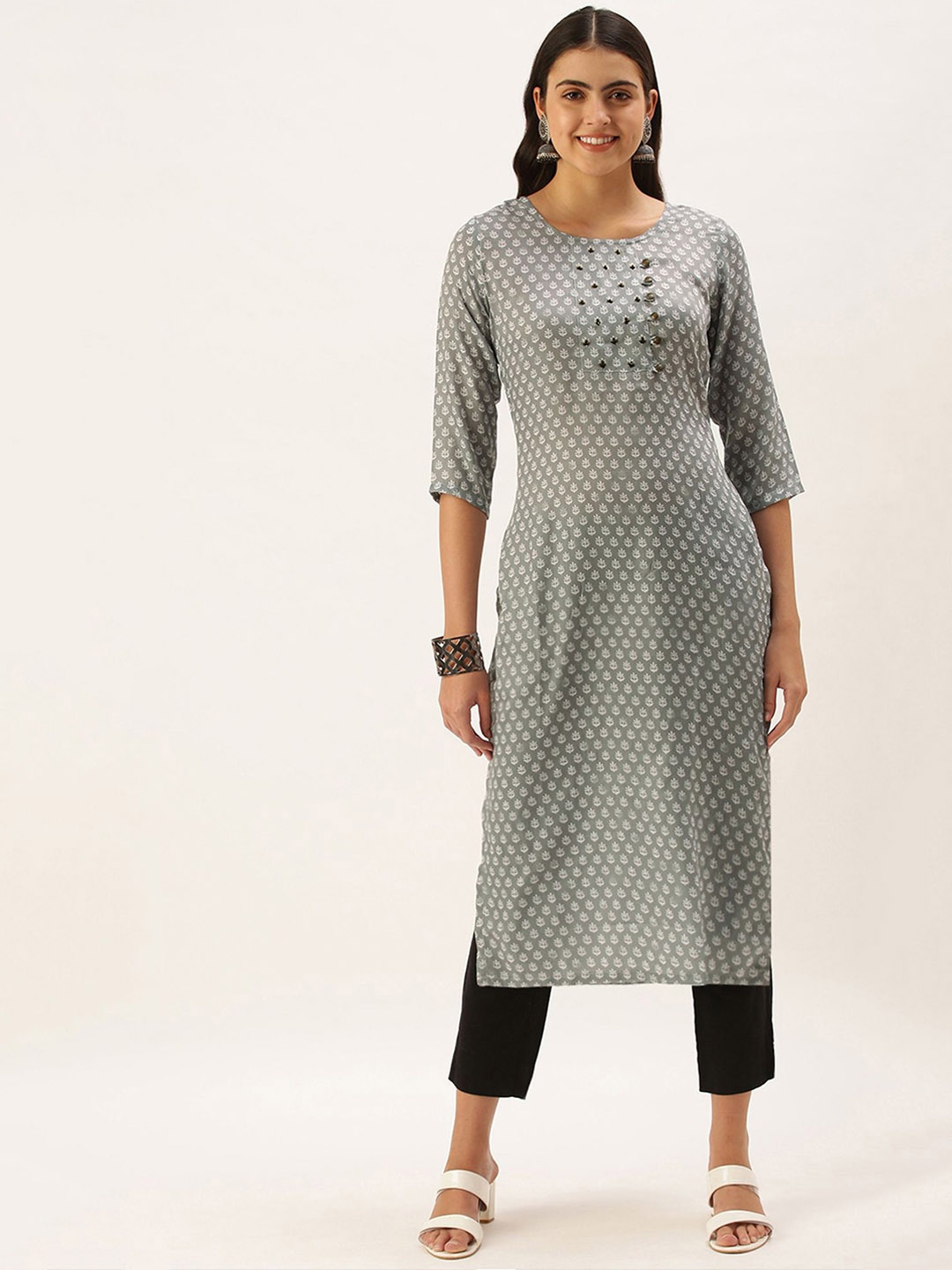 

KALINI Round Neck Ethnic Printed Cotton Straight Kurta, Grey