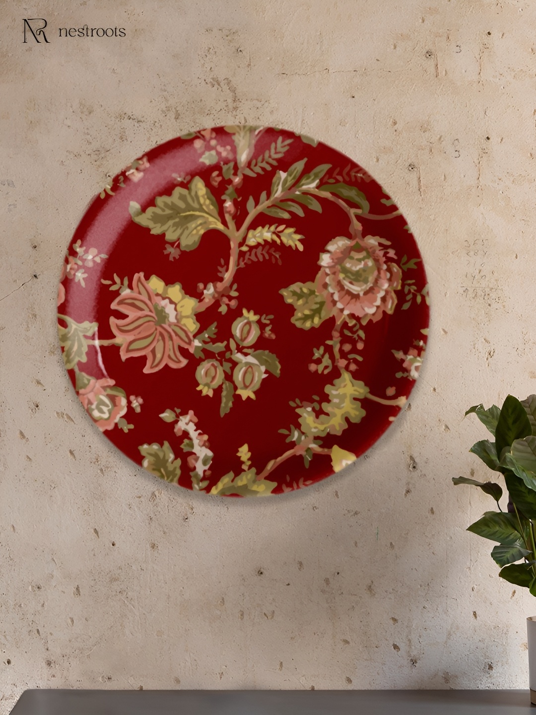 

nestroots Maroon & Green Floral Printed Wall Plates