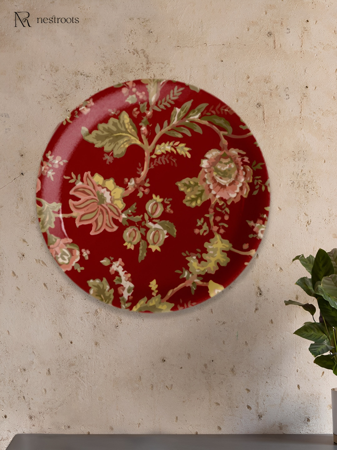 

nestroots Red & Green Floral Printed Wall Plate