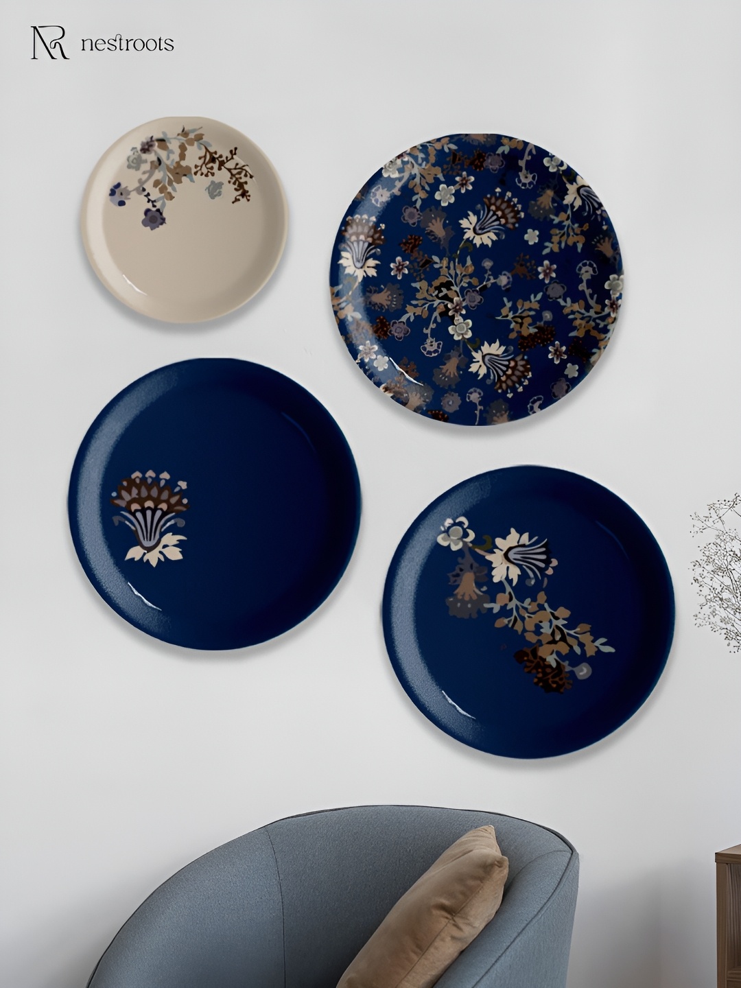 nestroots Navy Blue & Cream 4 Pieces Floral Printed Wall Plates
