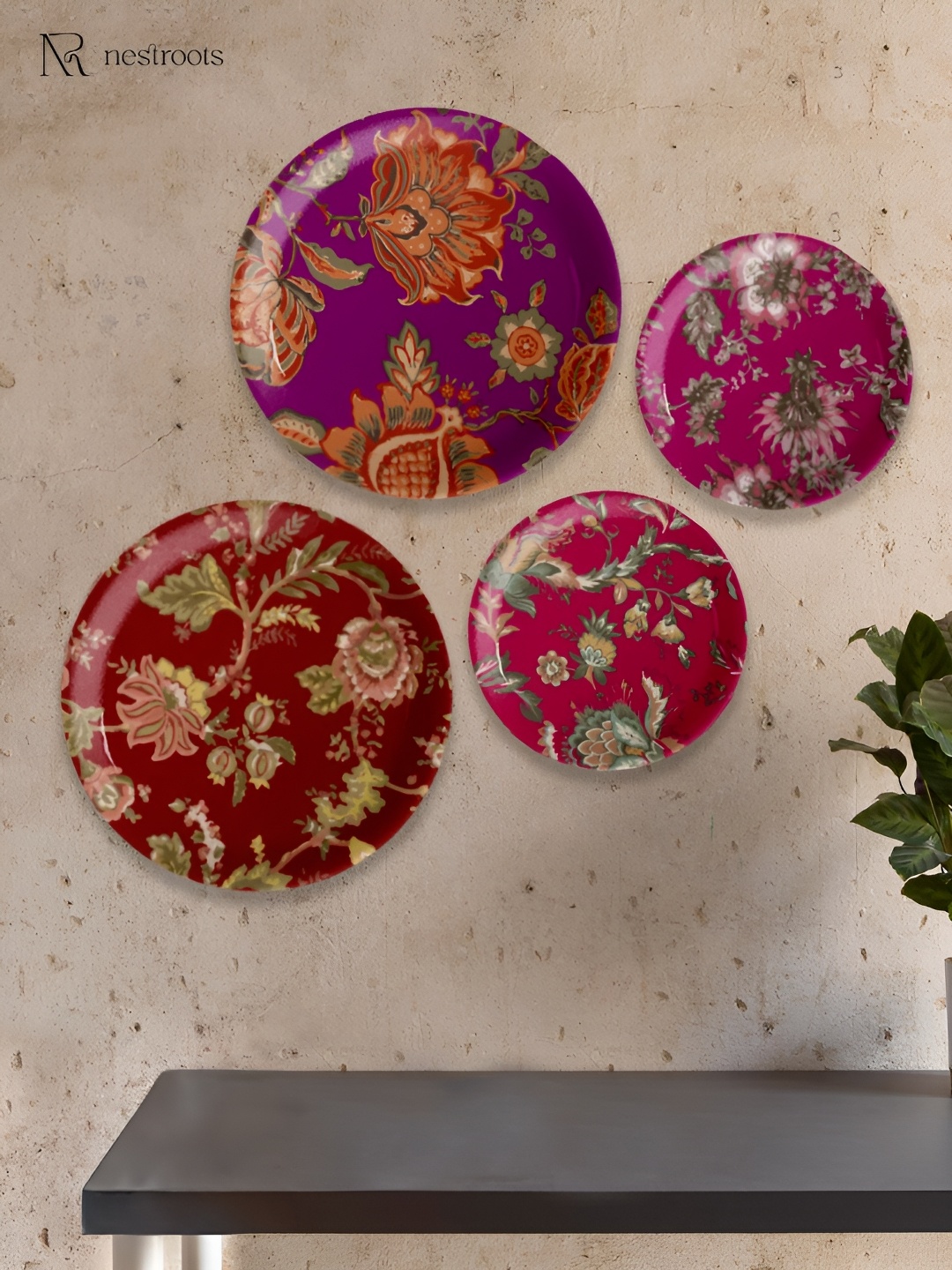

nestroots Maroon & Purple 4 Pieces Floral Printed Wall Plates