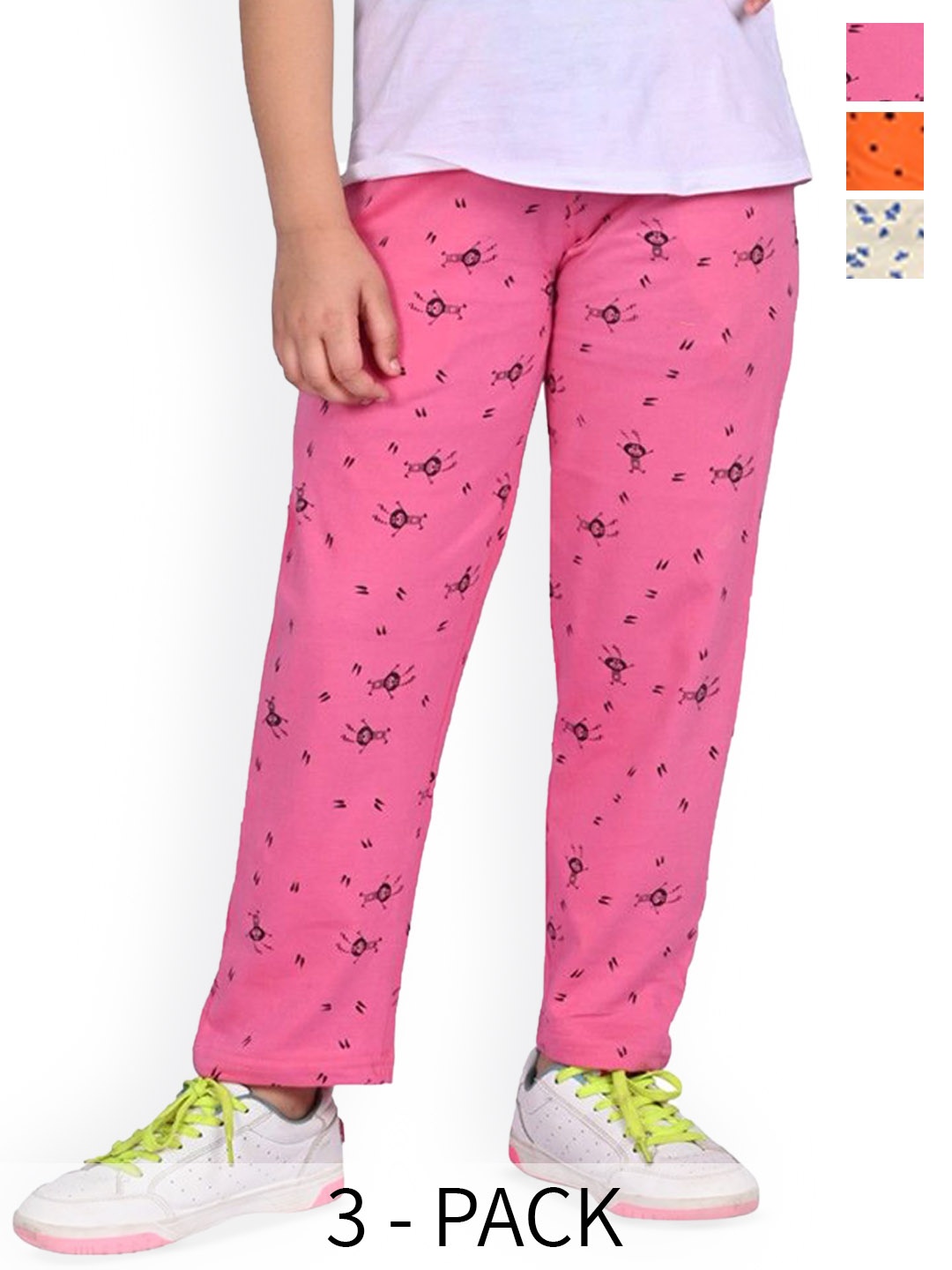 

BAESD Girls Pack Of 3 Printed Pure Cotton Mid Rise Track Pants, Pink