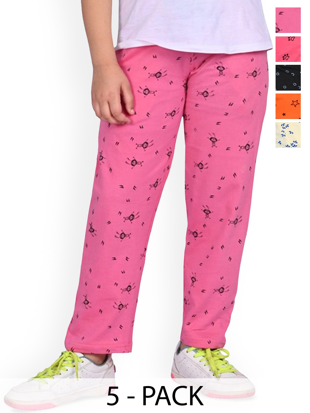 

BAESD Girls Pack Of 5 Printed Regular Fit Pure Cotton Track Pants, Pink