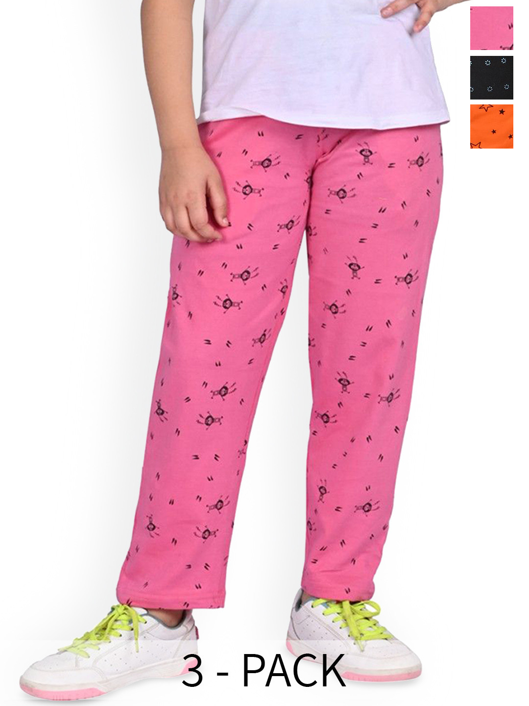 

BAESD Girls Pack Of 3 Printed Pure Cotton Mid Rise Track Pants, Pink