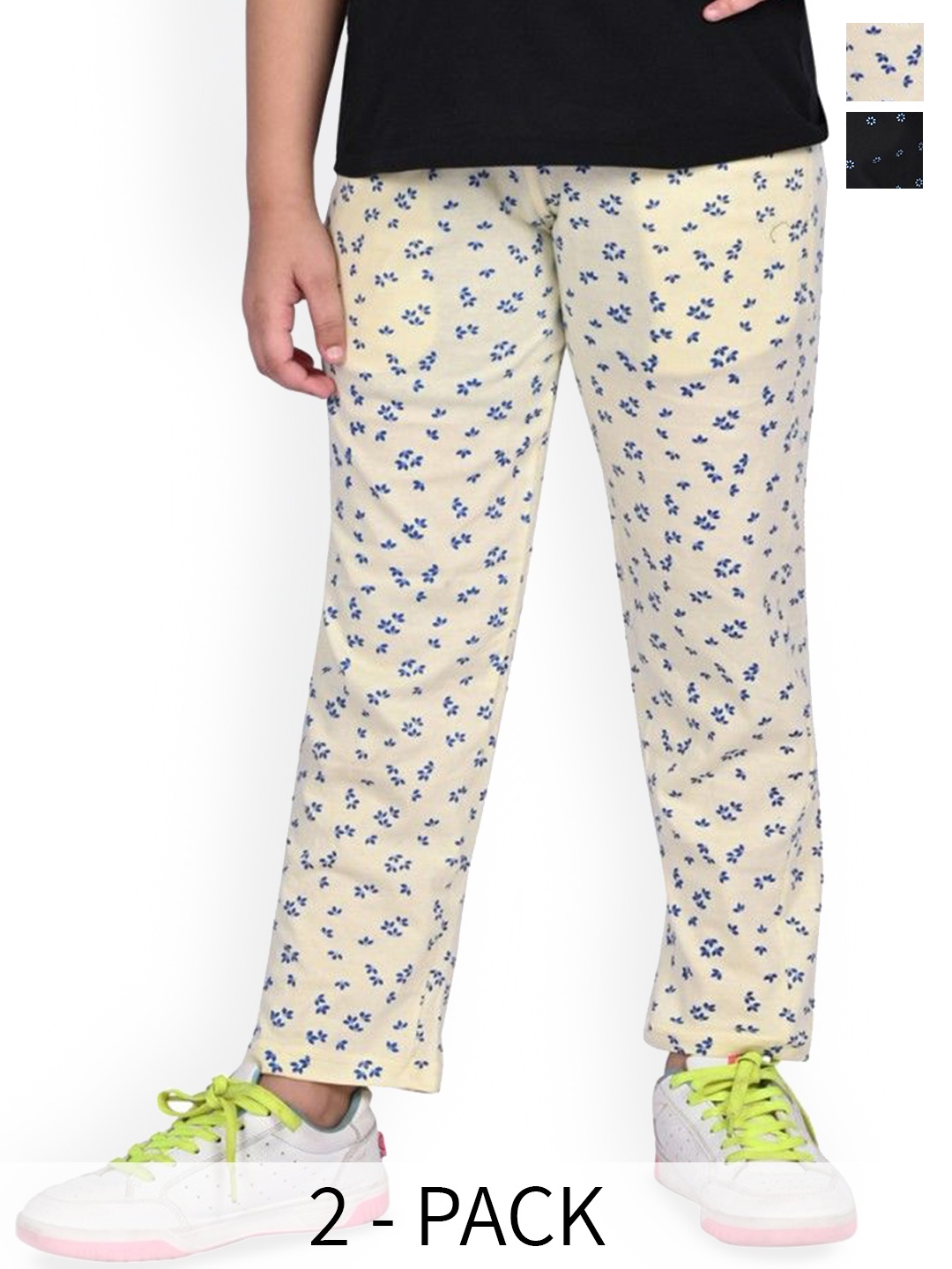 

BAESD Girls Pack Of 2 Printed Pure Cotton Mid Rise Track Pants, Black