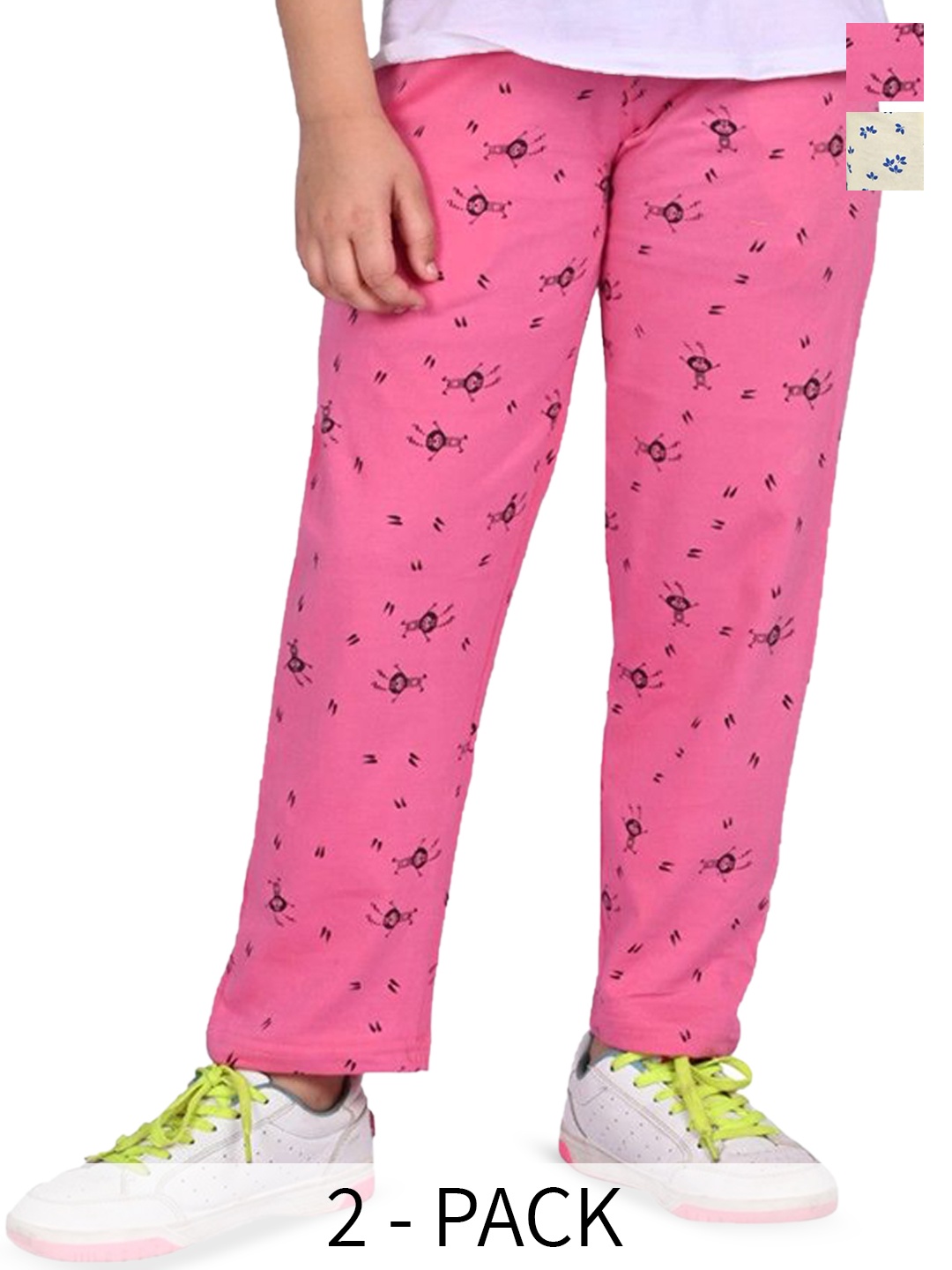 

BAESD Girls Printed Pure Cotton Pack Of 2 Mid Rise Track Pants, Cream