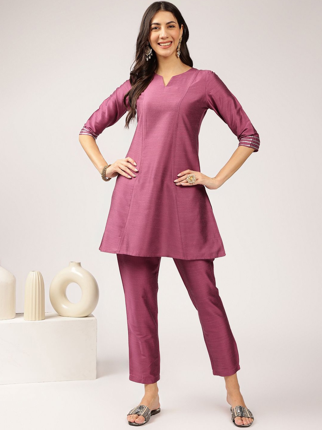 

Anouk Purple Notch Neck Gotta Patti A-Line Kurta With Trousers