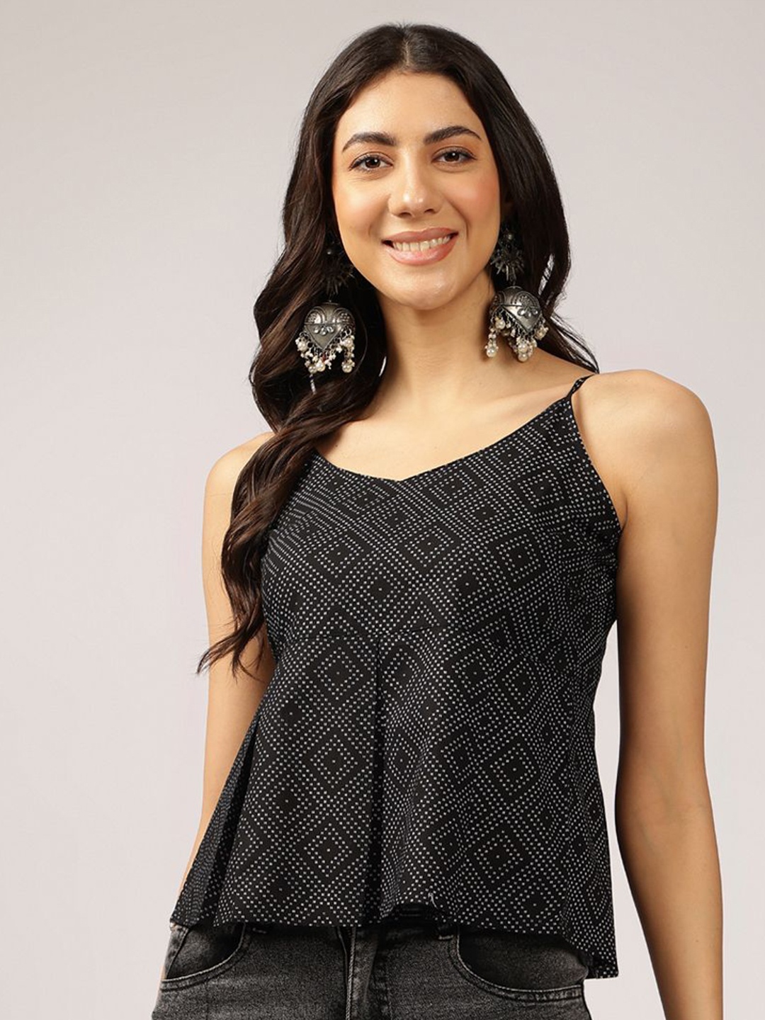 

Anouk Geometric Printed Sleeveless Cotton Peplum Crop Top, Black