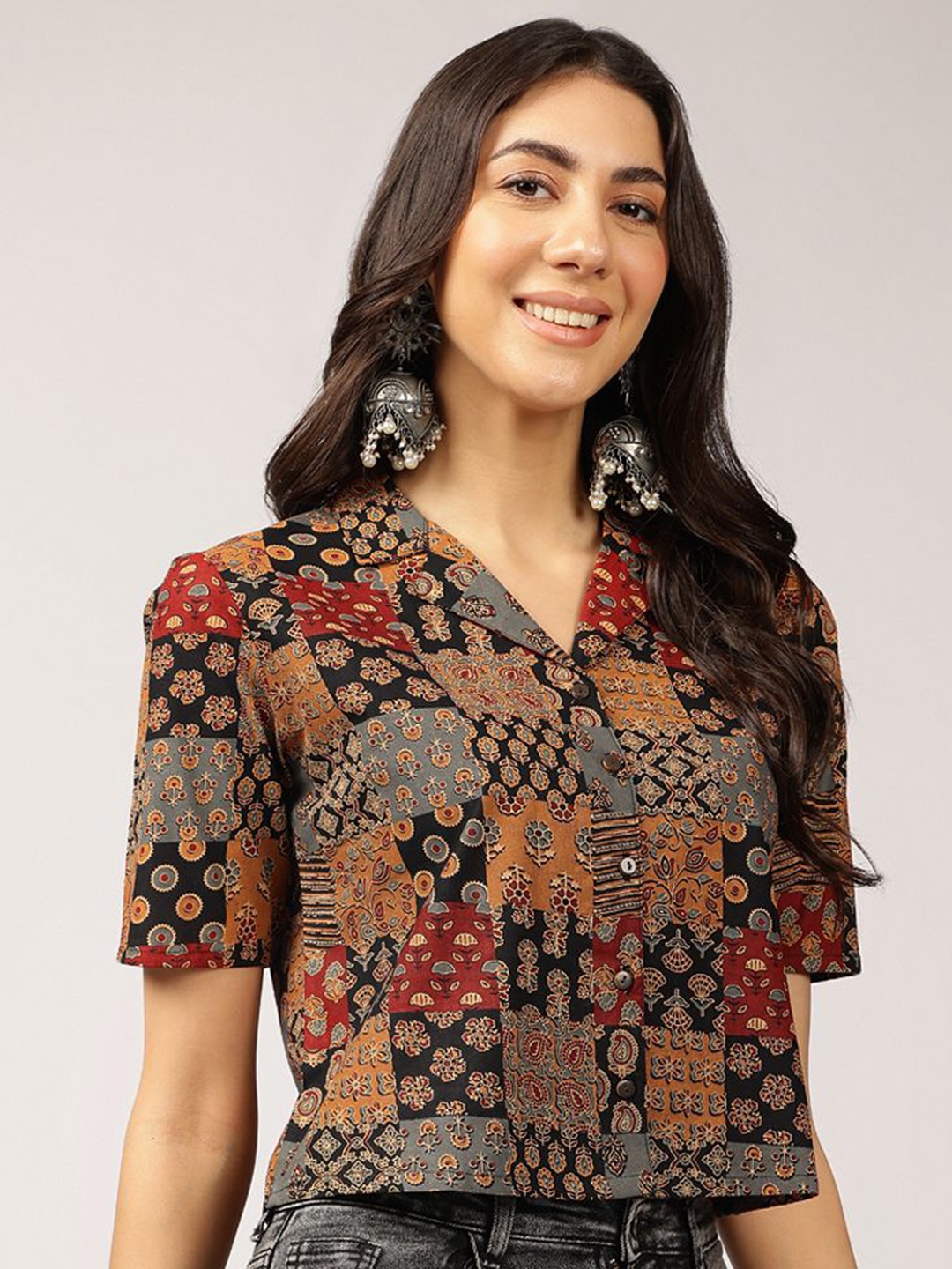 

Anouk Ethnic Printed Cuban Collar Pure Cotton Shirt Style Top, Black