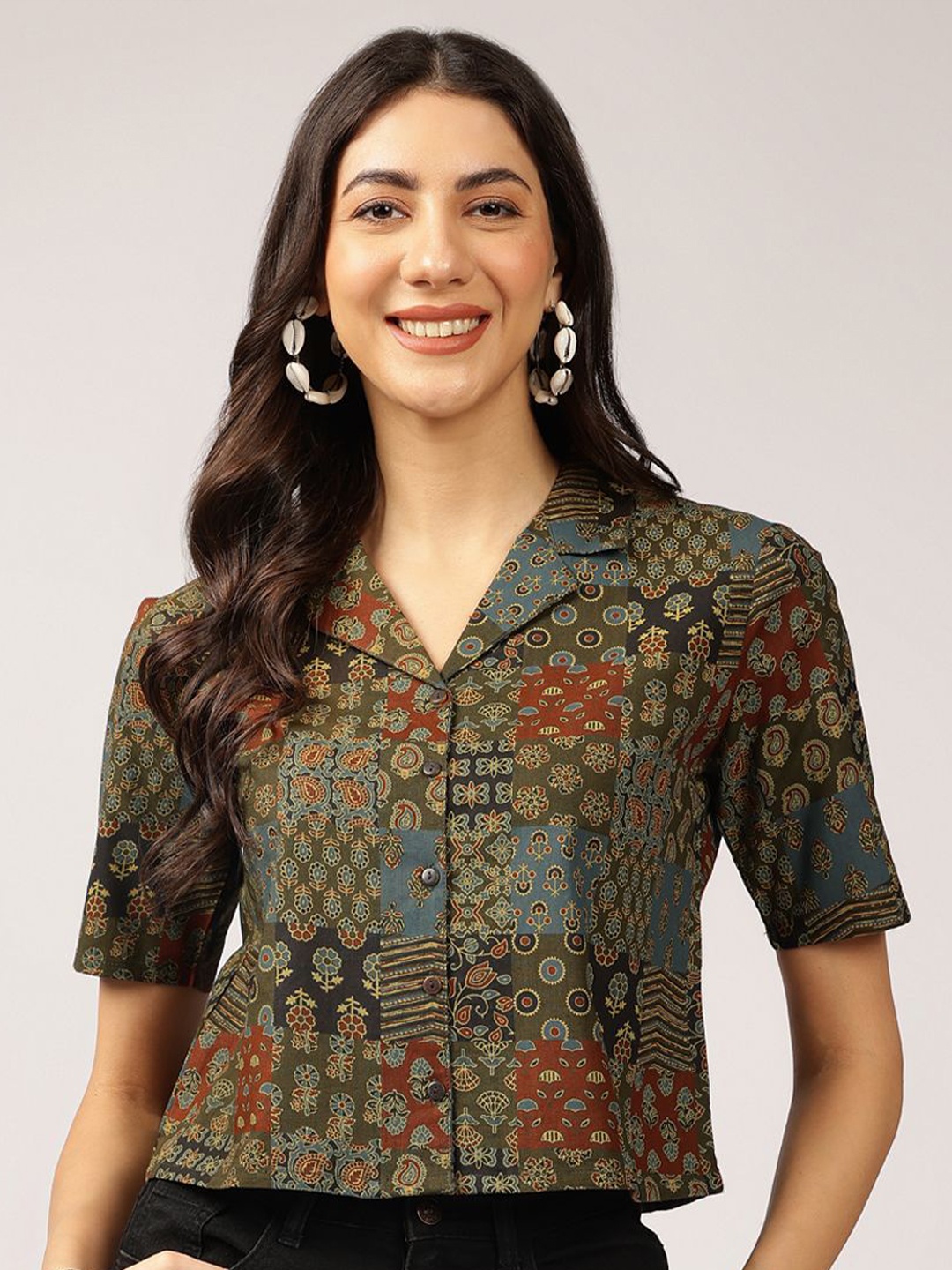 

Anouk Ethnic Printed Cuban Collar Pure Cotton Shirt Style Top, Olive