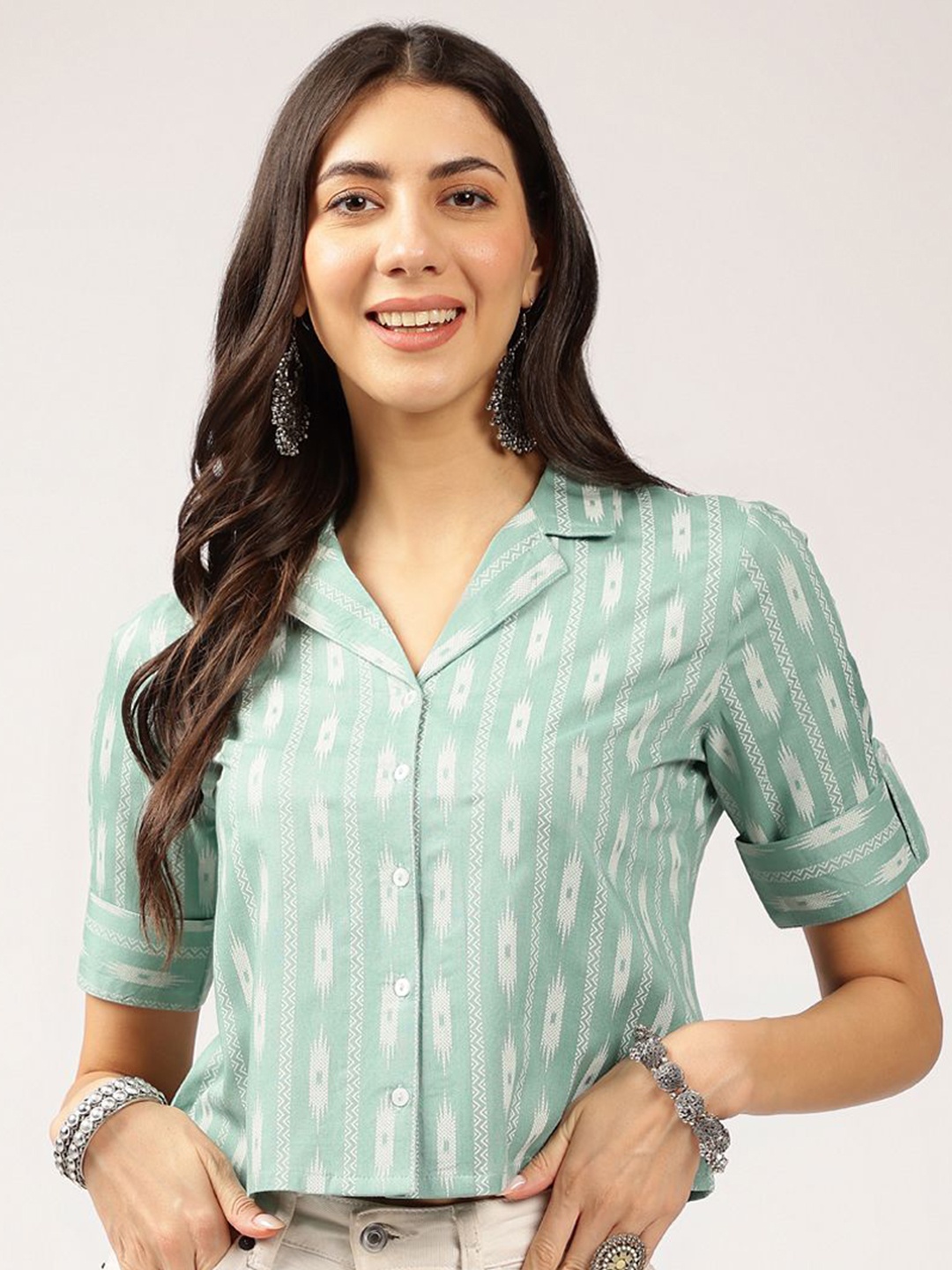 

Anouk Abstract Printed Roll-Up Sleeves Shirt Style Top, Sea green