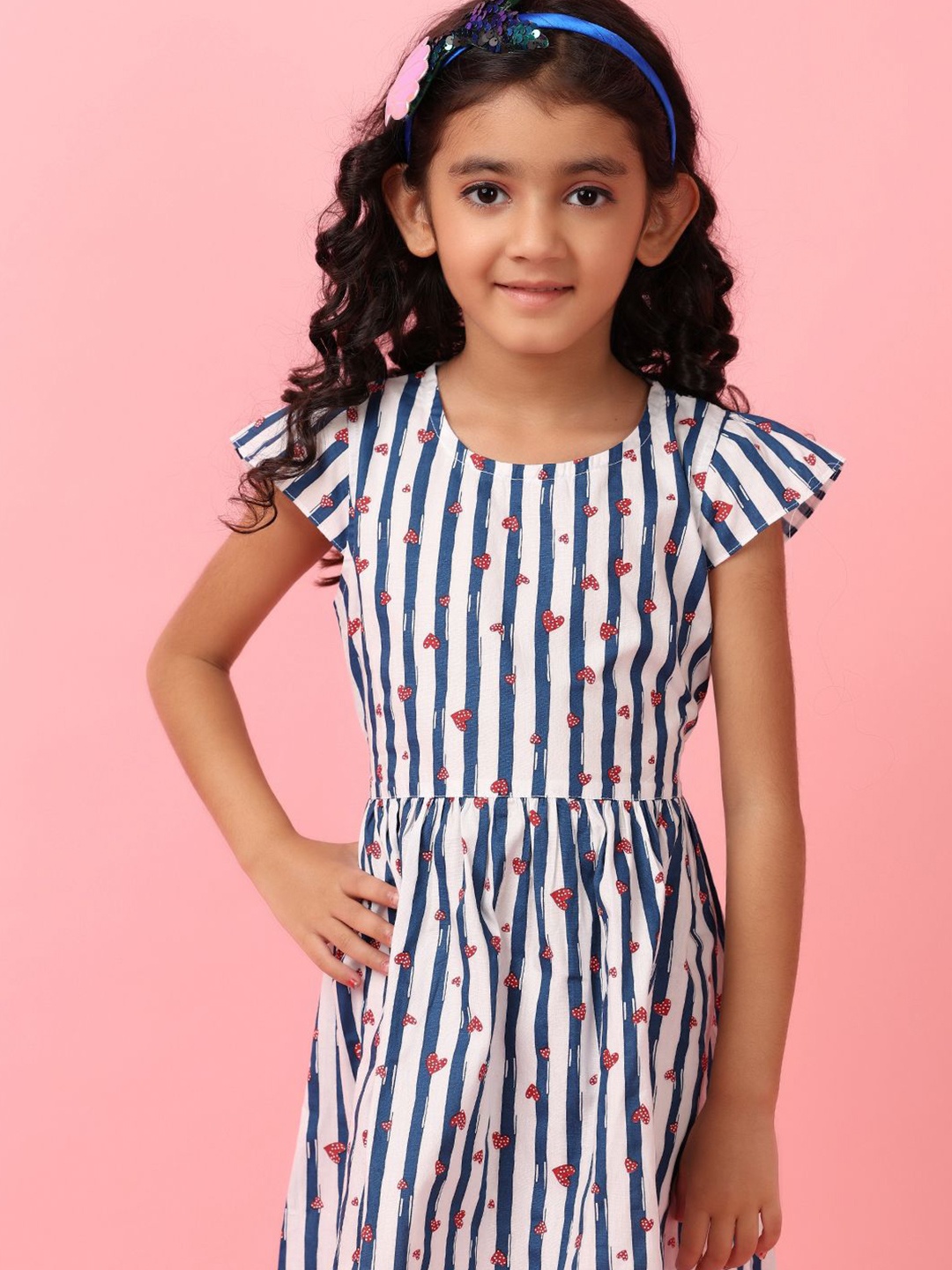 

V-Mart Striped Round Neck Cap Sleeve Fit & Flare Dress, White