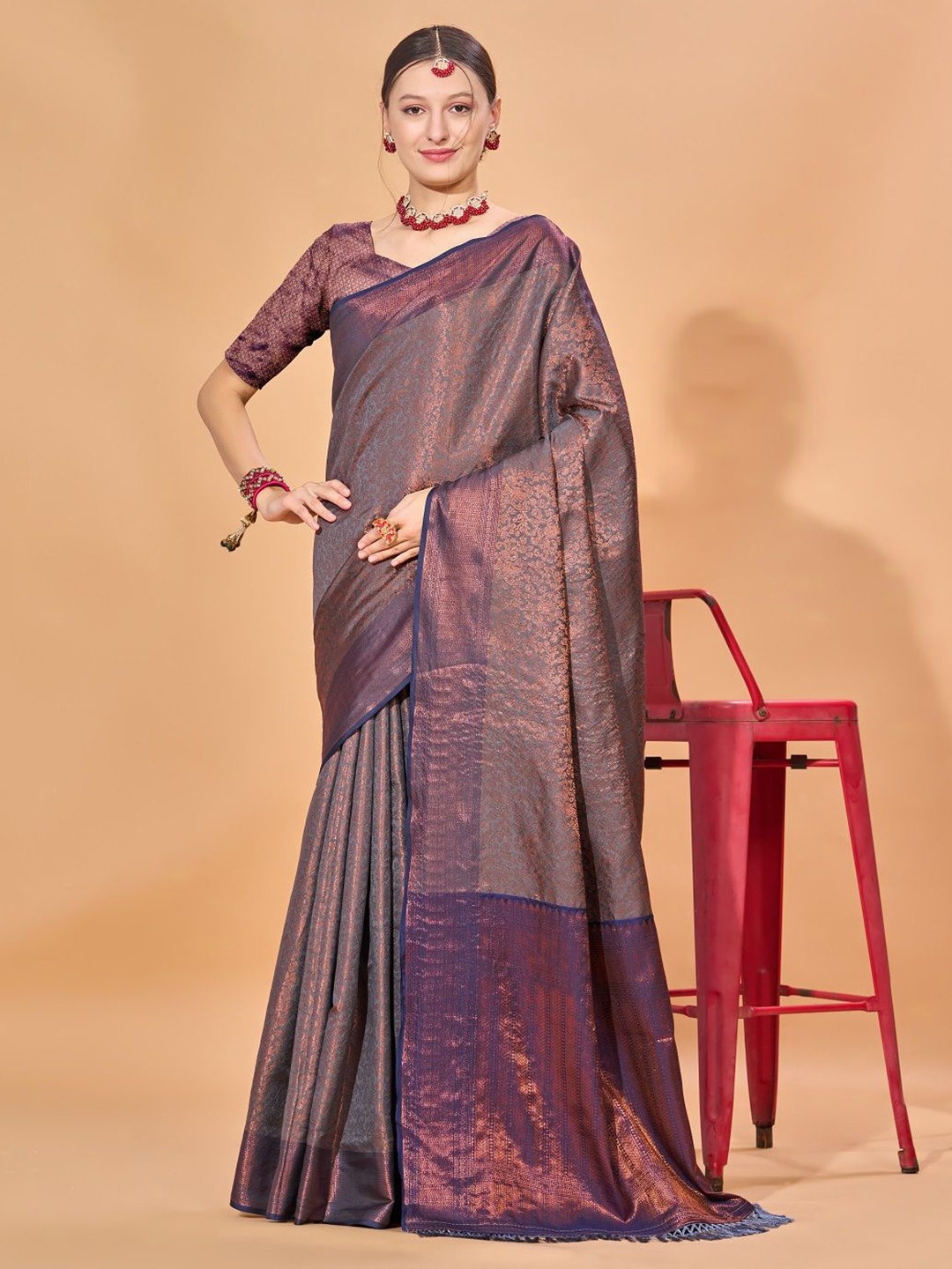 

Dhyey Fashion Woven Design Zari Kanjeevaram Saree, Grey