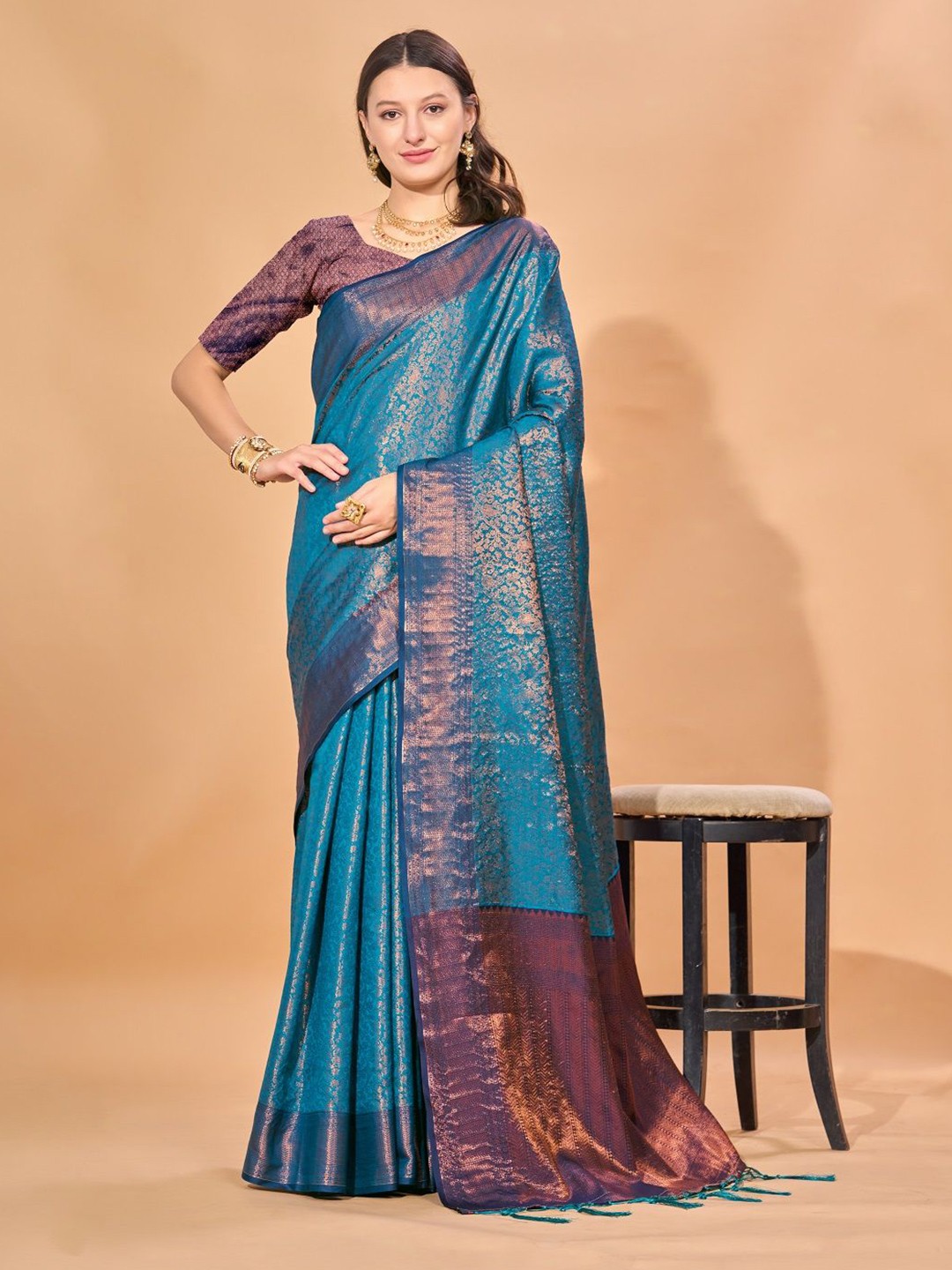 

Dhyey Fashion Woven Design Zari Art Silk Kanjeevaram Saree, Teal