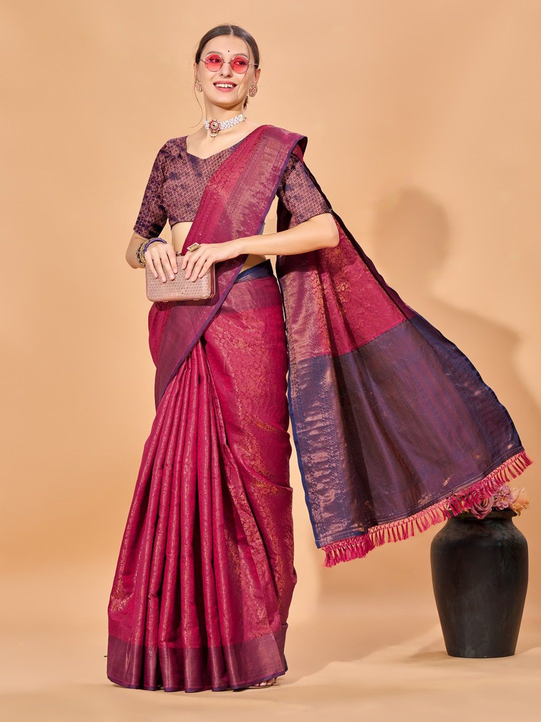 

Dhyey Fashion Woven Design Zari Art Silk Kanjeevaram Saree, Pink