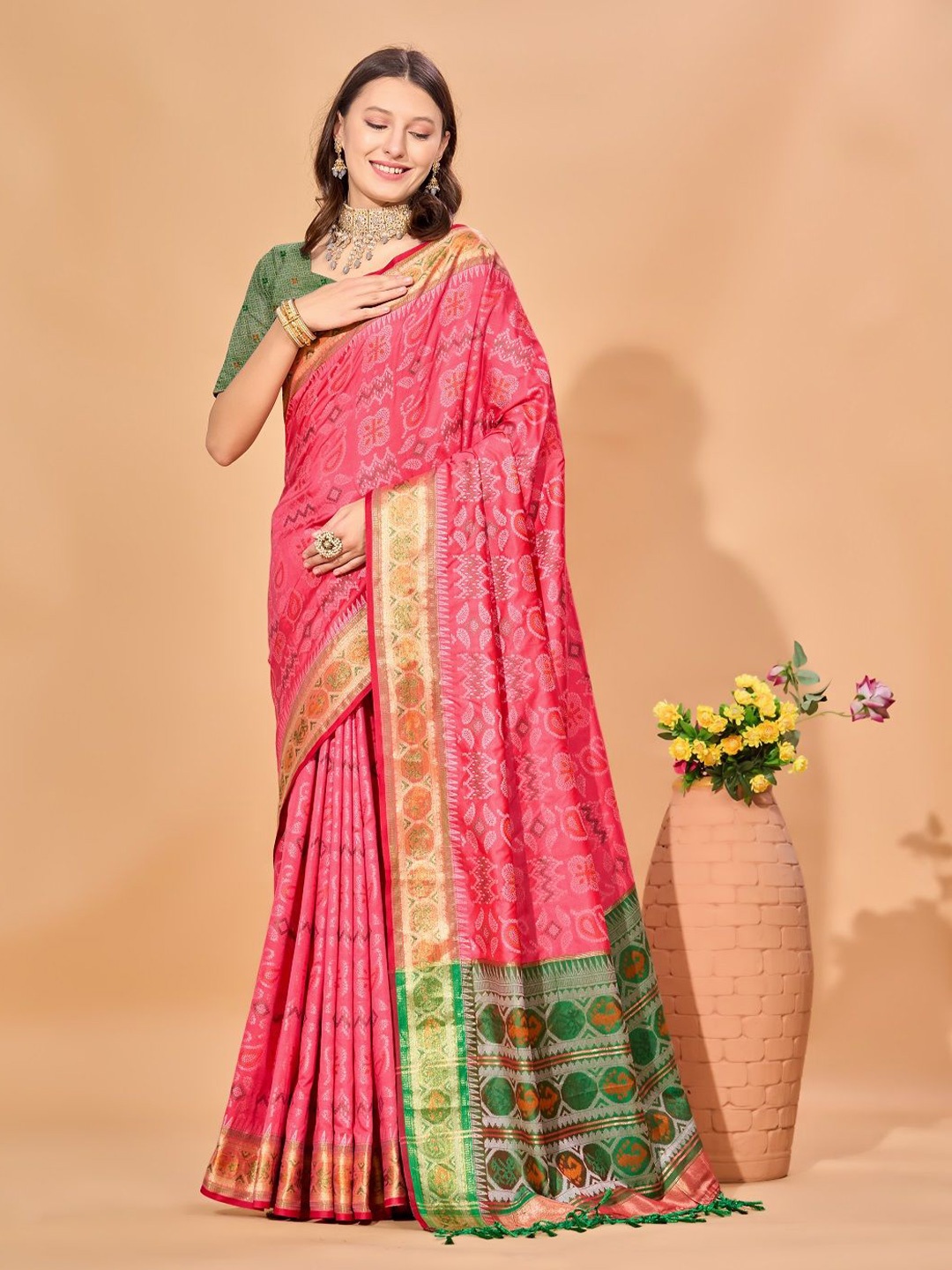 

Dhyey Fashion Woven Design Zari Silk Cotton Patola Saree, Peach