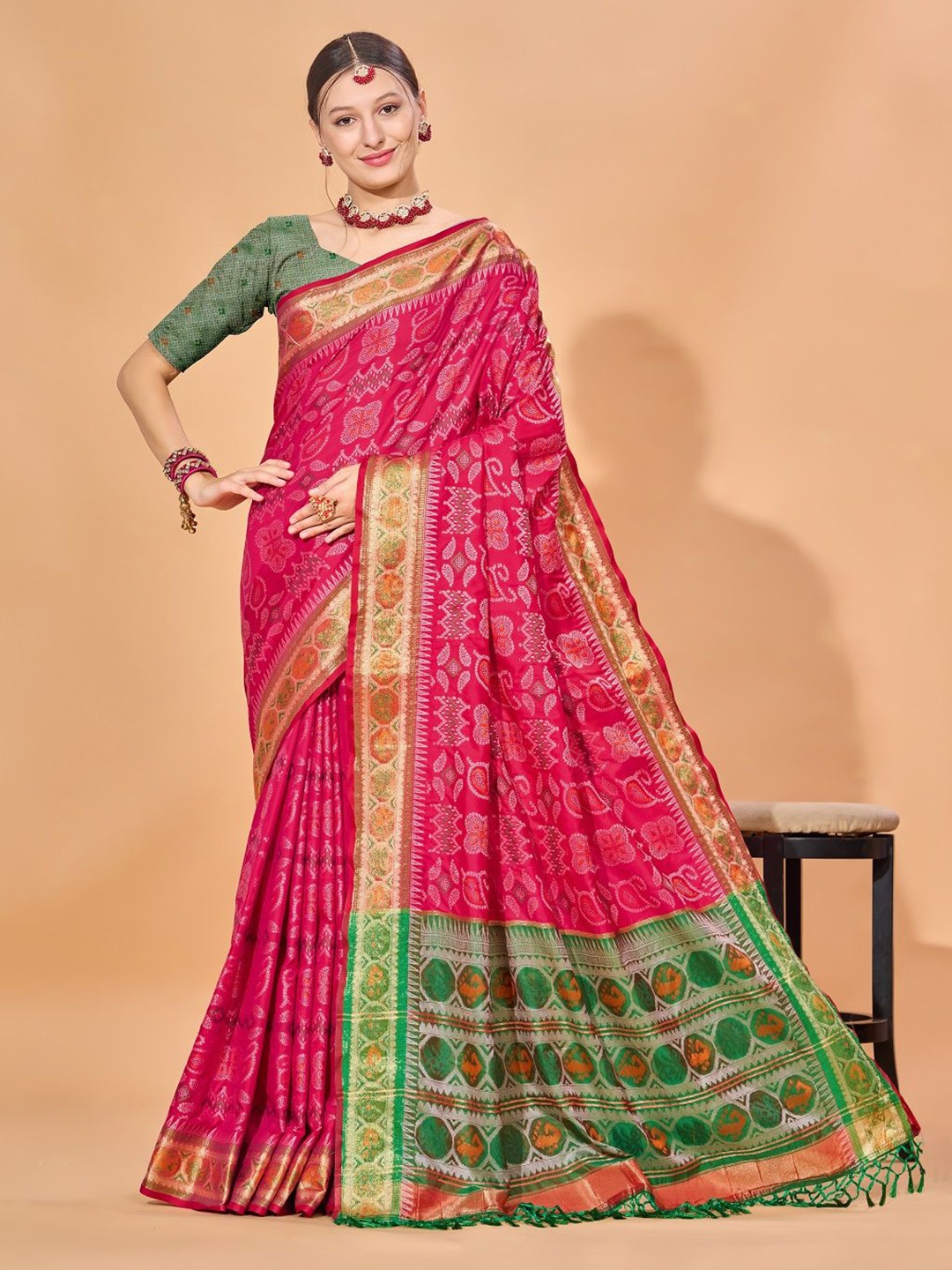 

Dhyey Fashion Woven Design Zari Silk Cotton Patola Saree, Pink