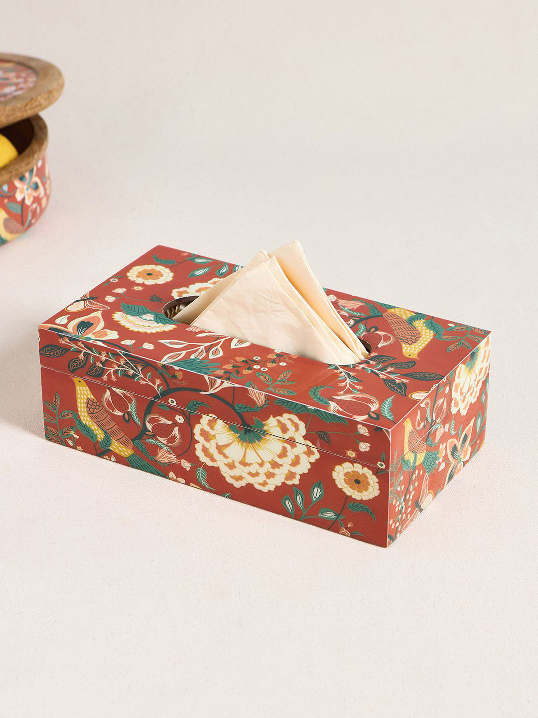 

Chumbak Maroon Printed Wooden Tissue Holder