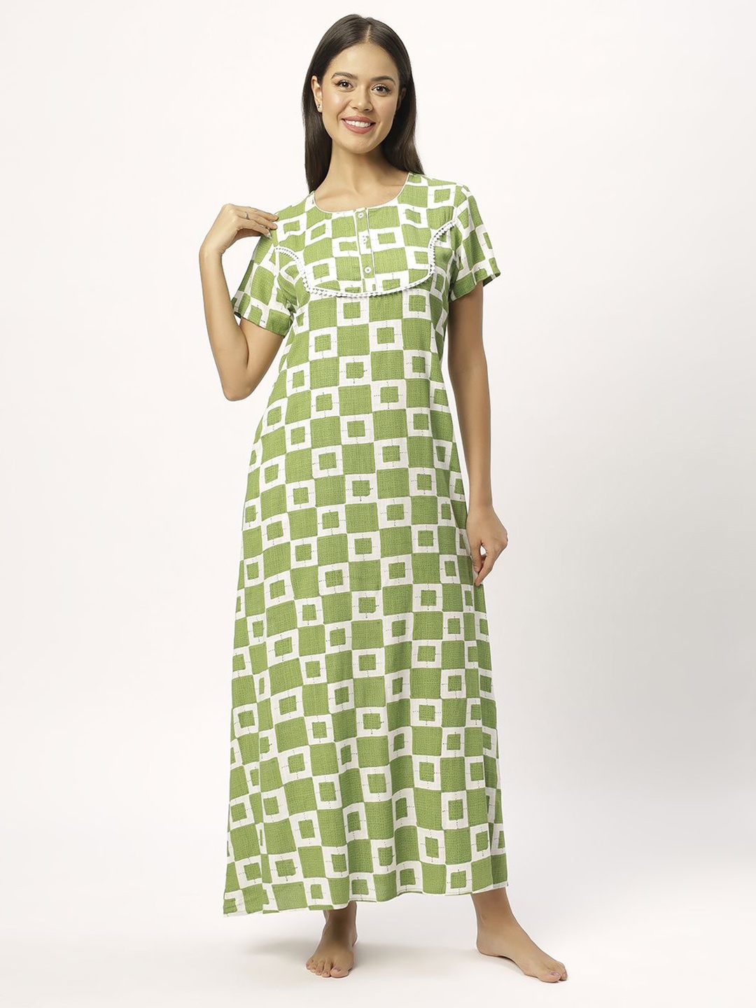 

ETC Geometric Printed Pure Cotton Maxi Nightdress, Green