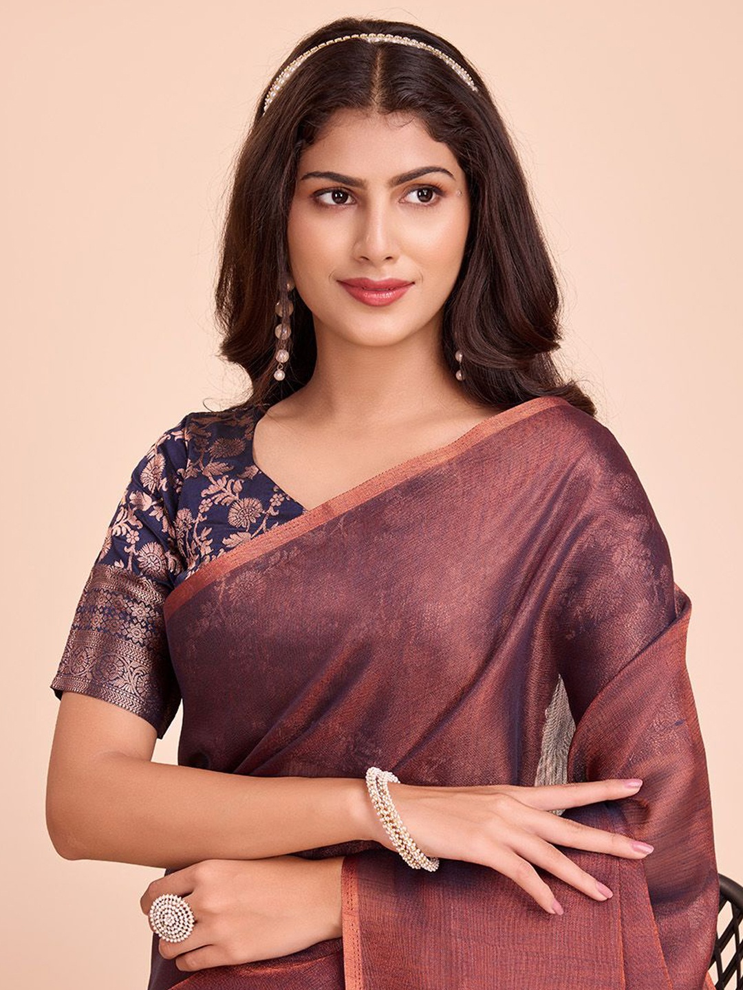 

Tasarika Woven Design V-Neck Short Sleeves Jacquard Saree Blouse, Navy blue