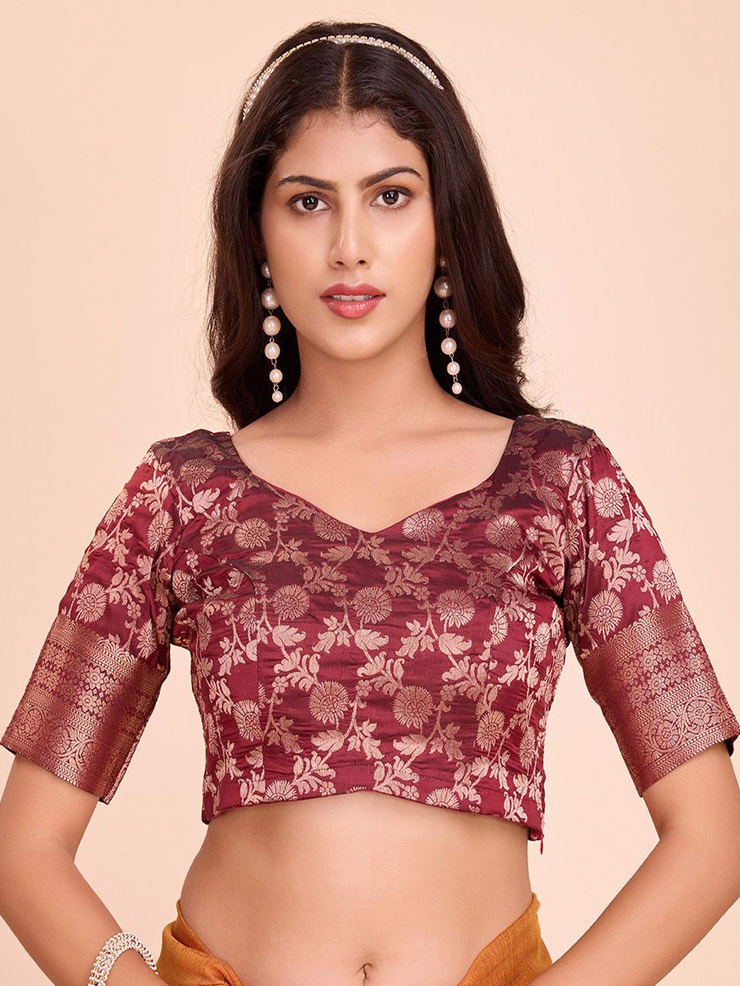 

Tasarika Woven Design V-Neck Short Sleeves Jacquard Saree Blouse, Brown