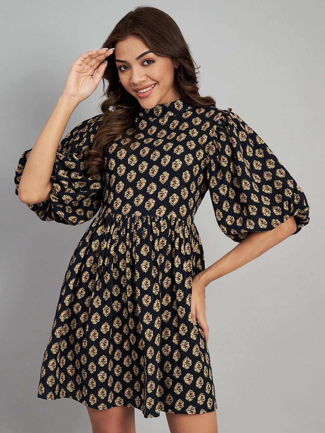 

Amagyaa Floral Print Puff Sleeve Fit & Flare Dress, Black