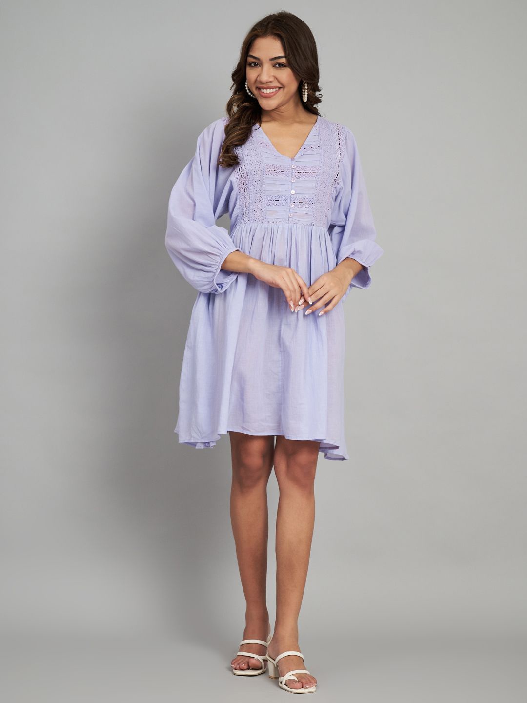 

Amagyaa Puff Sleeves Fit & Flare Dress, Purple