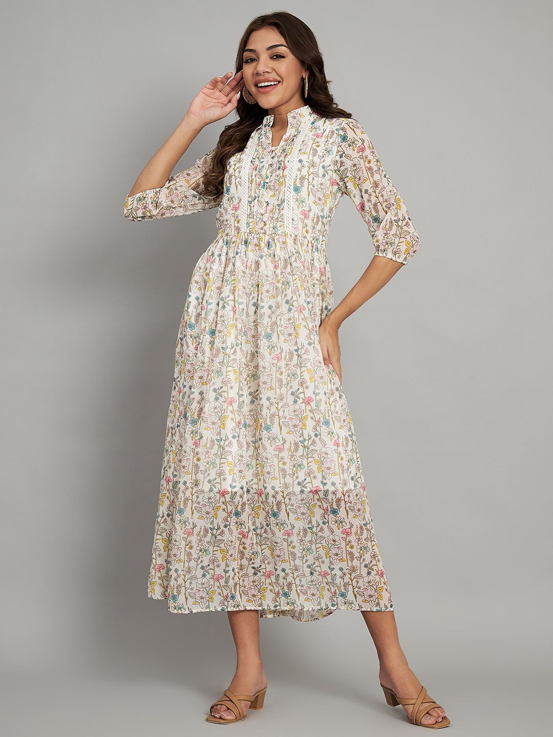 

Amagyaa Floral Print Georgette A-Line Midi Dress, White