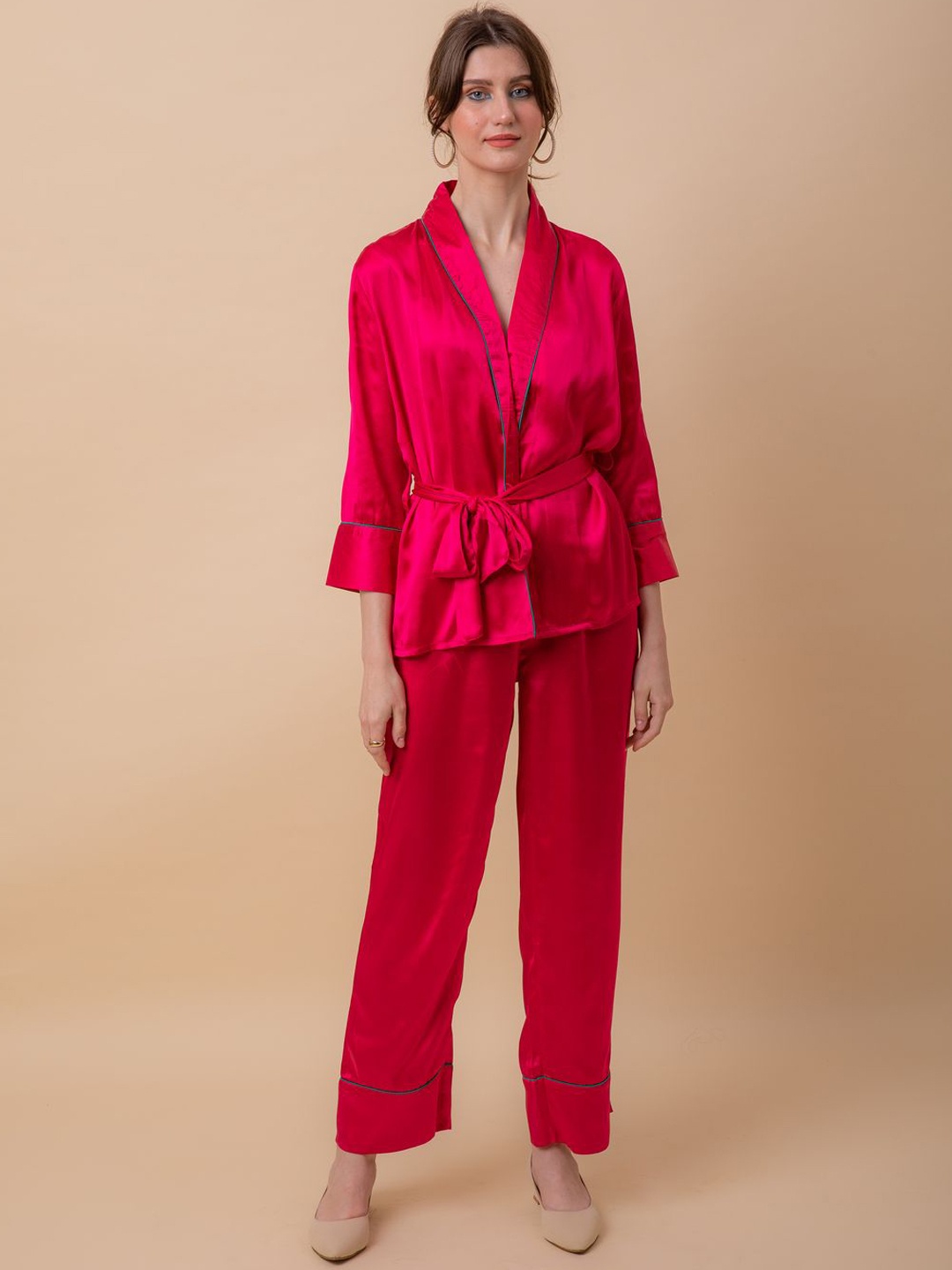 

Ezme Studio Luxe Shawl Neck Tie Up Detail Top With Trousers Co-Ords, Pink