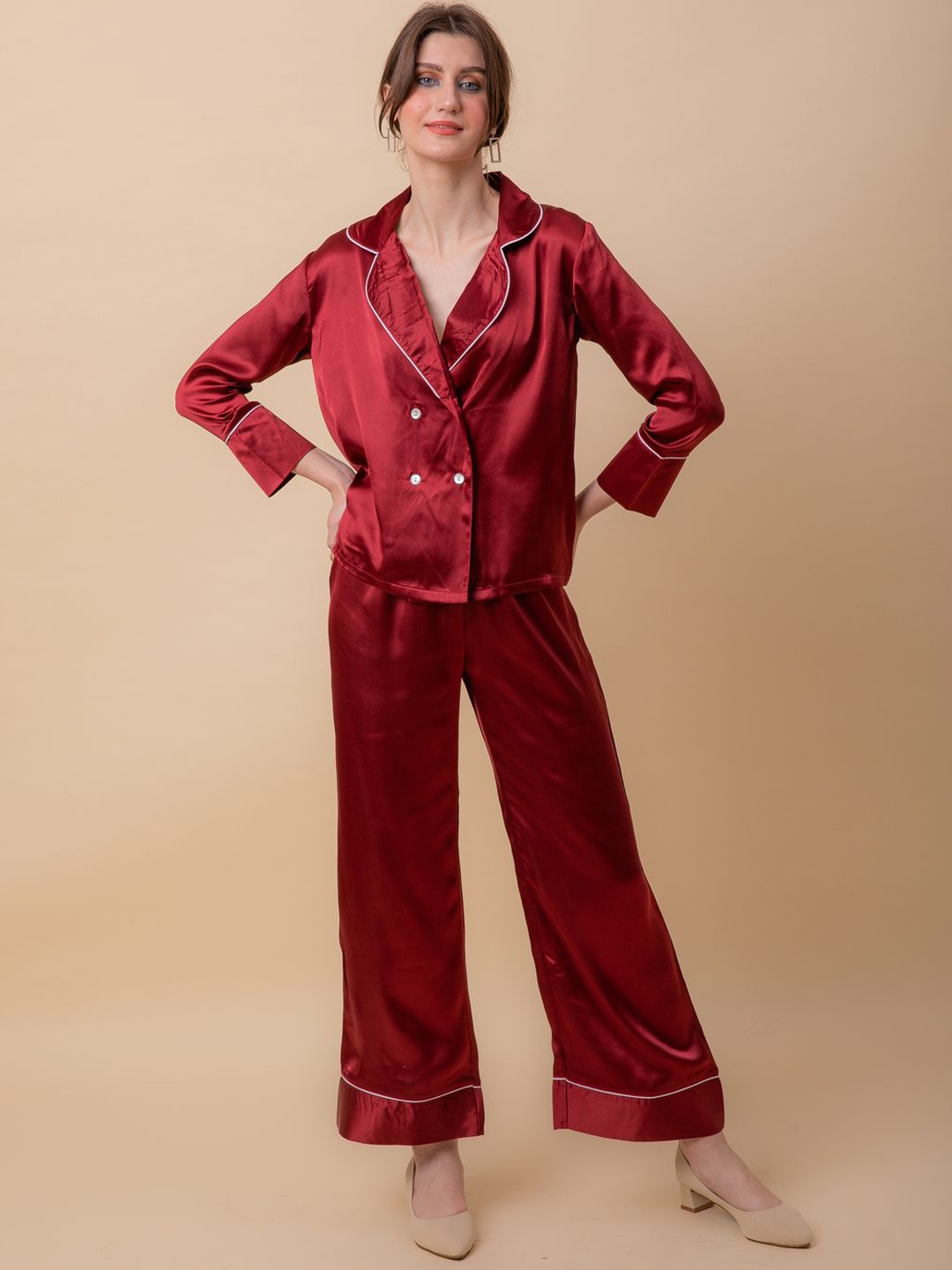 

Ezme Studio Satin Shirt & Trousers Co-Ords, Burgundy