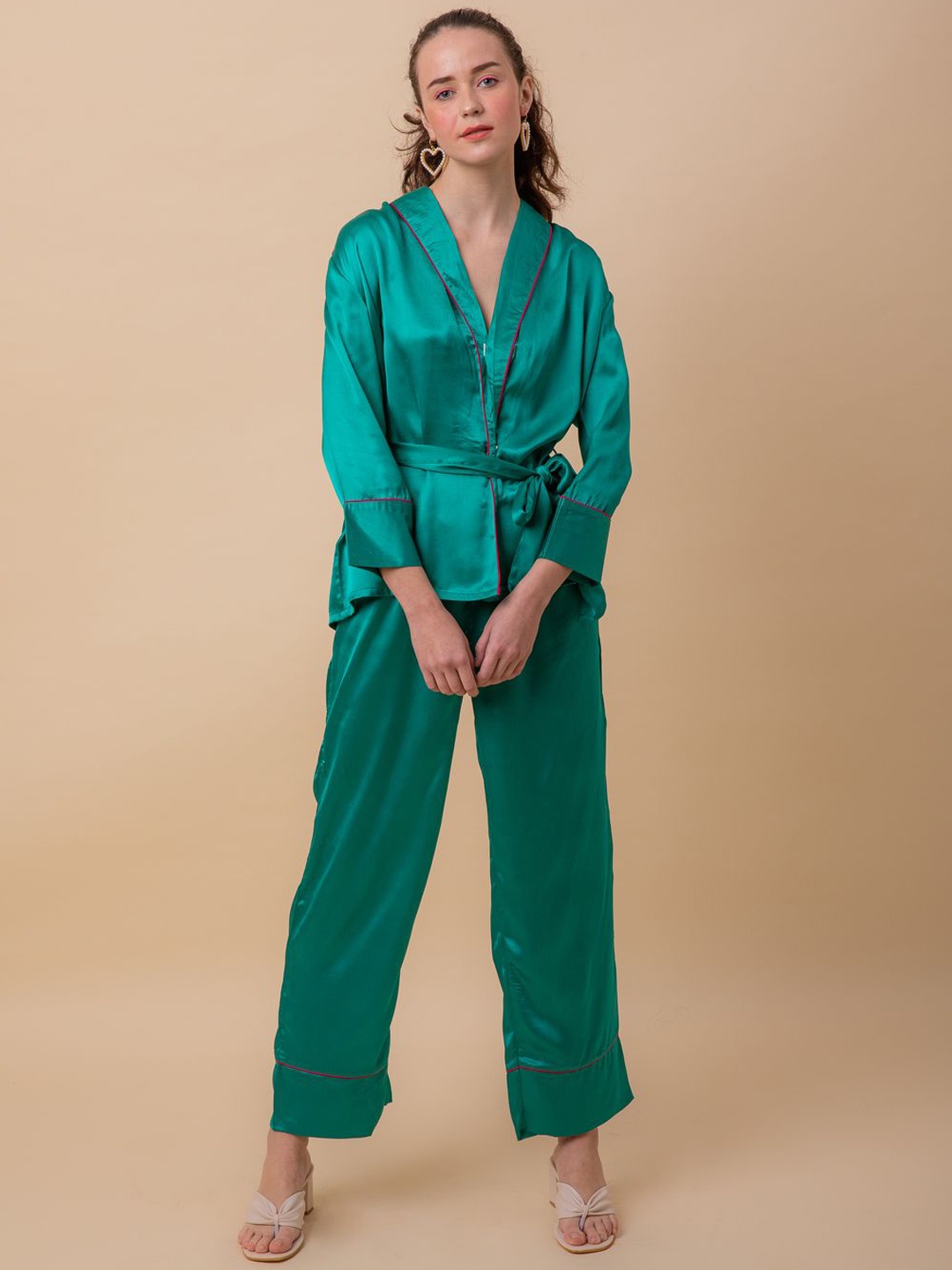 

Ezme Studio Satin Robe With Trousers Co-Ords, Green