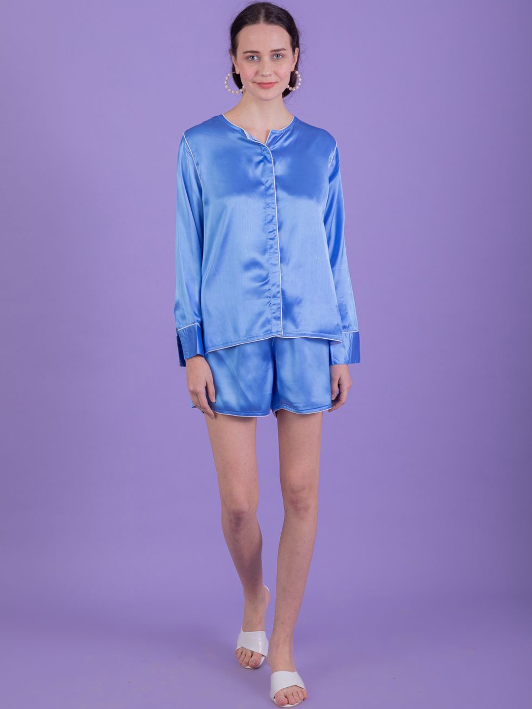 

Ezme Studio Satin Shirt With ShortsCo-Ords, Blue