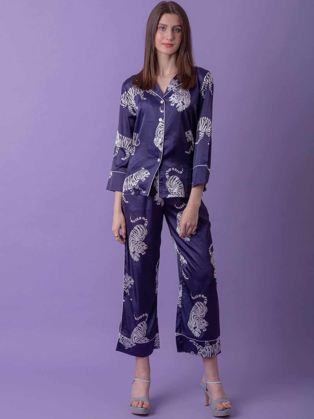 

Ezme Studio Printed Shirt Collar Neck Shirt & Flared Trouser Co-Ords, Navy blue