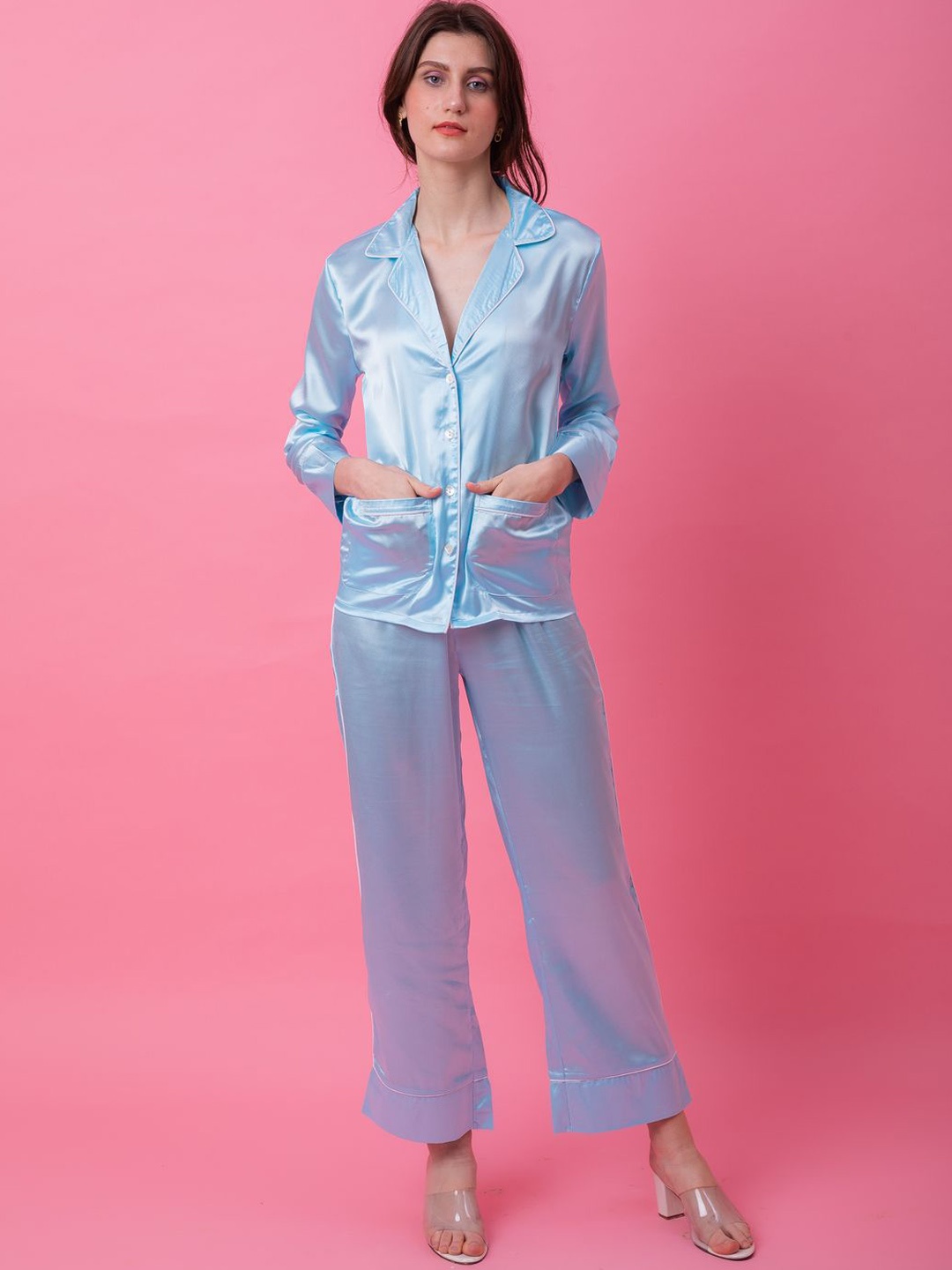 

Ezme Studio Luxe Collar Neck Top With Trousers Co-Ords, Blue