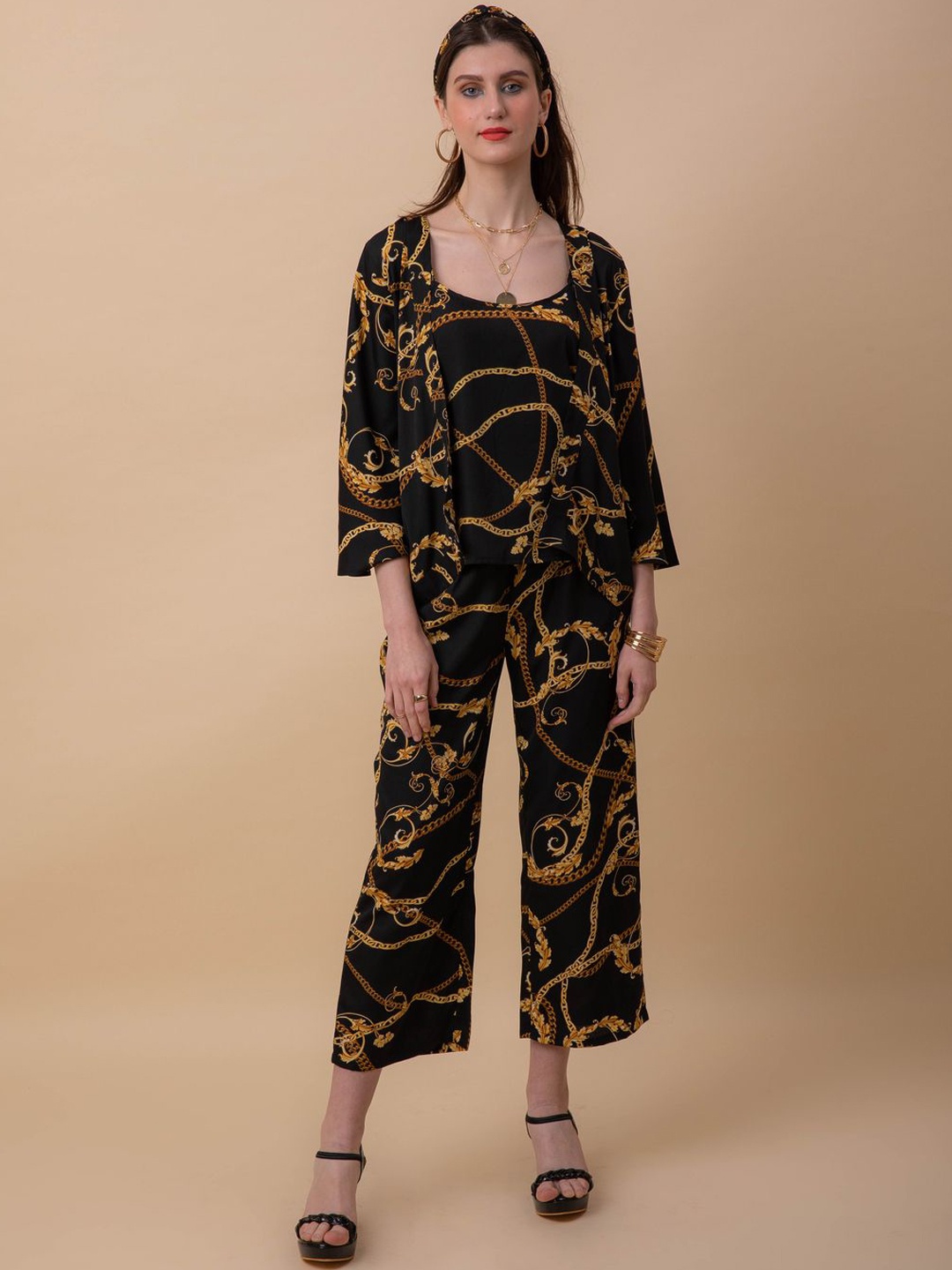 

Ezme Studio Printed Round Neck Top & Flared Trouser With Jacket Co-Ords, Black
