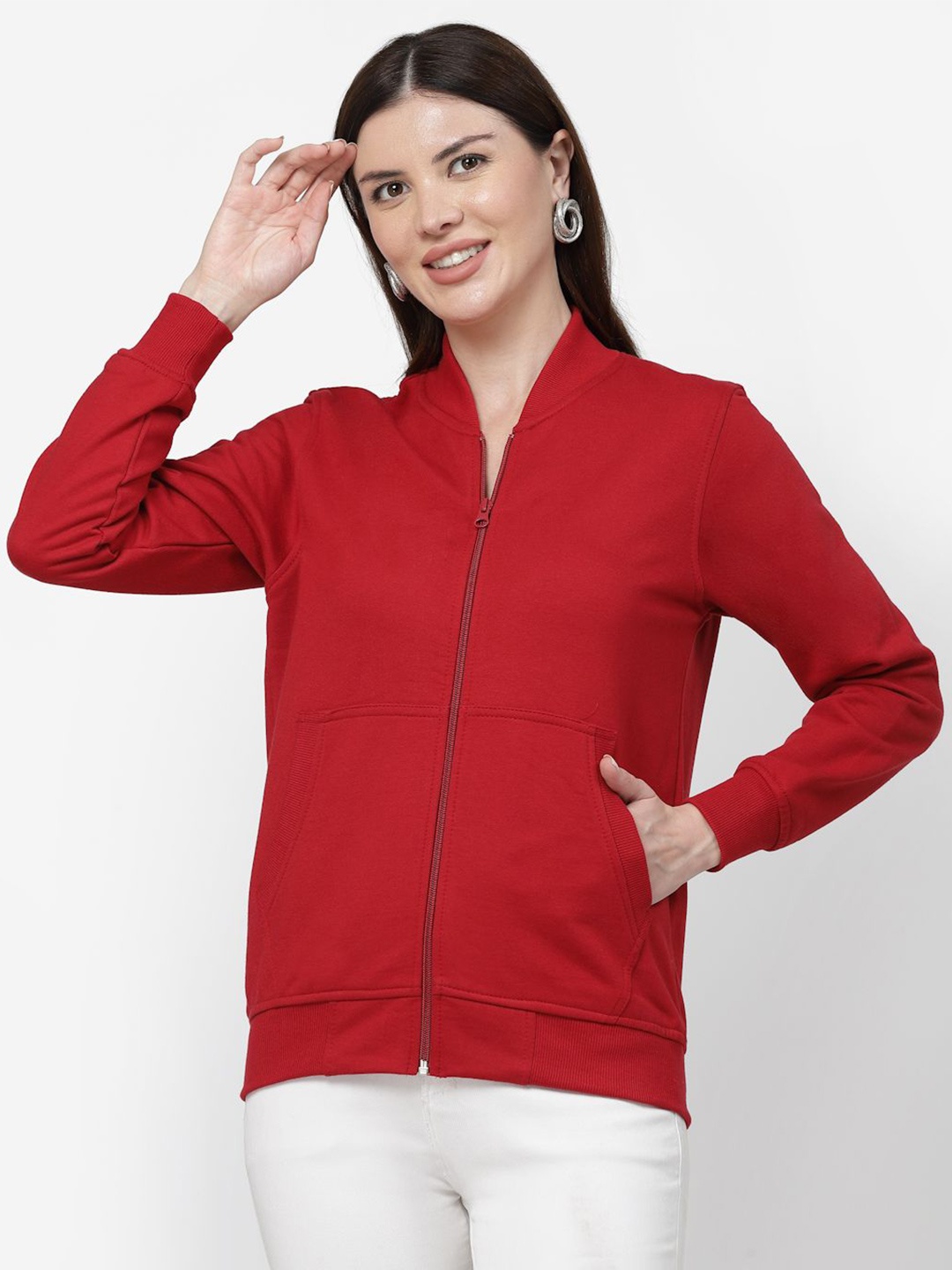 

Kalt Women Solid High Neck Sweatshirt, Red