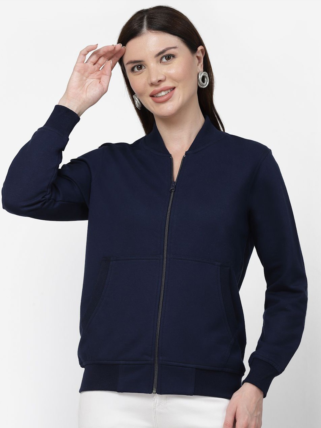 

Kalt Women Solid High Neck Sweatshirt, Navy blue