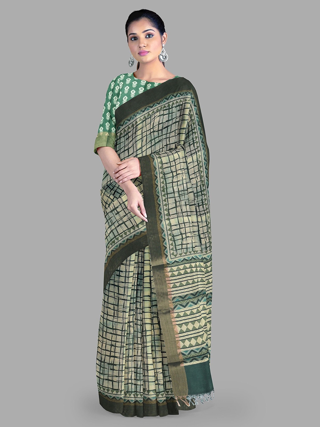 

The Chennai Silks Checked Zari Kota Saree, Green