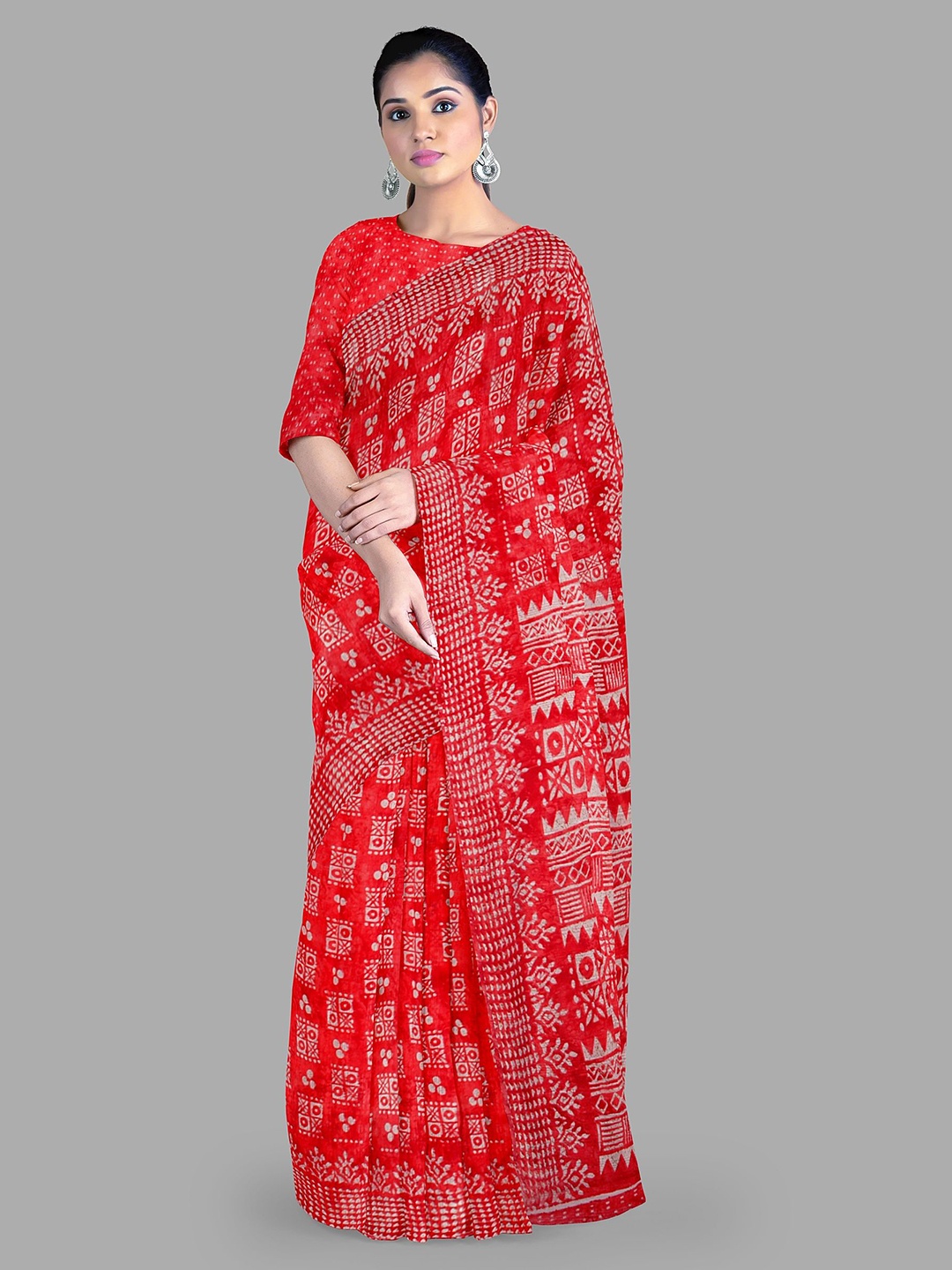 

The Chennai Silks Ethnic Motifs Print Bhagalpuri Saree With Blouse Piece, Red