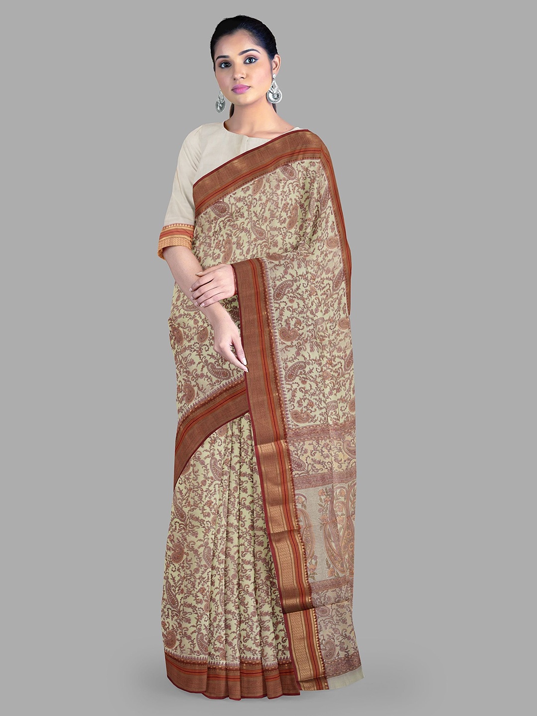 

The Chennai Silks Ethnic Motifs Pure Cotton Fusion Chanderi Saree, Cream
