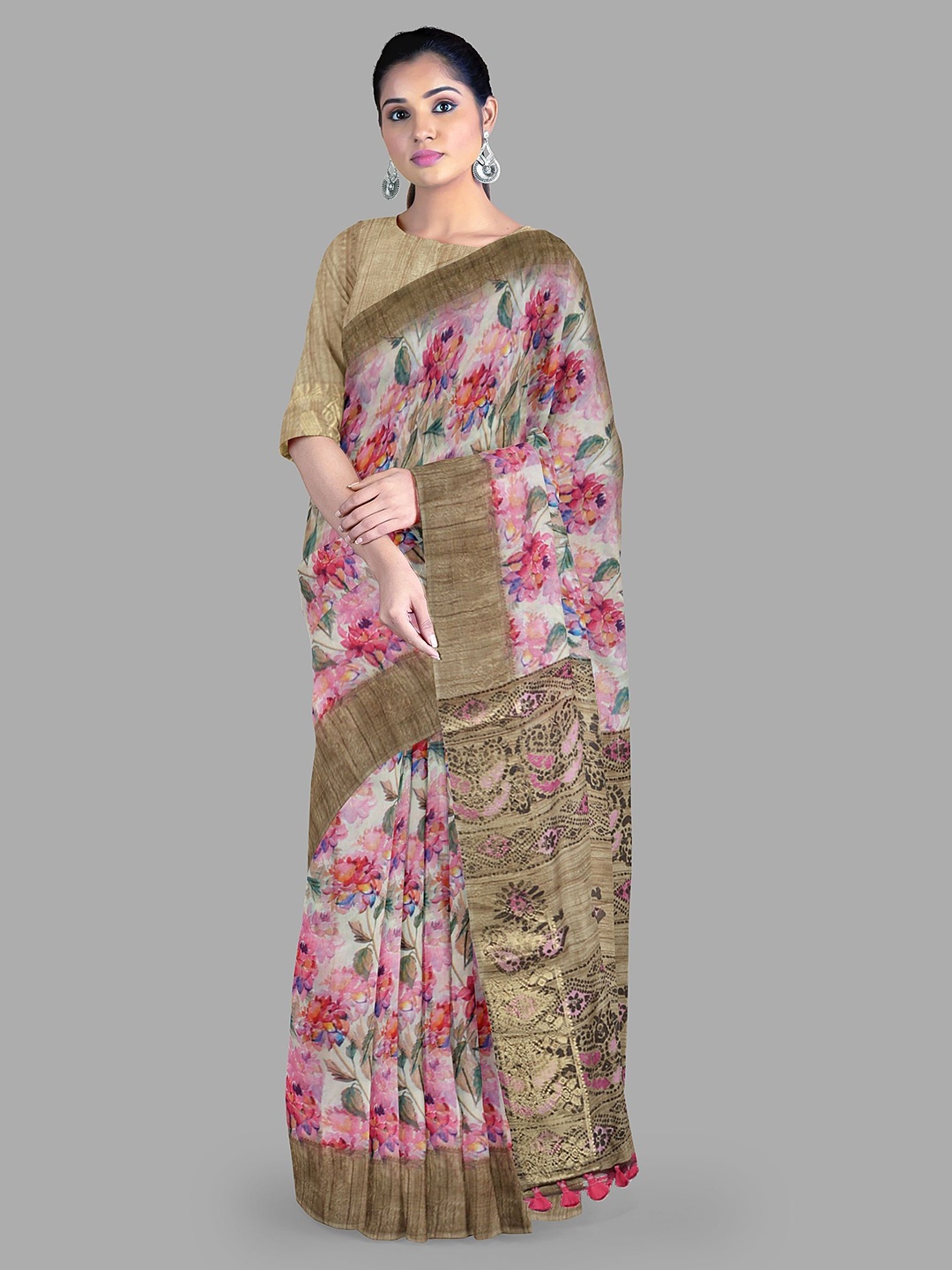 

The Chennai Silks Floral Banarasi Saree With Blouse Piece, Beige