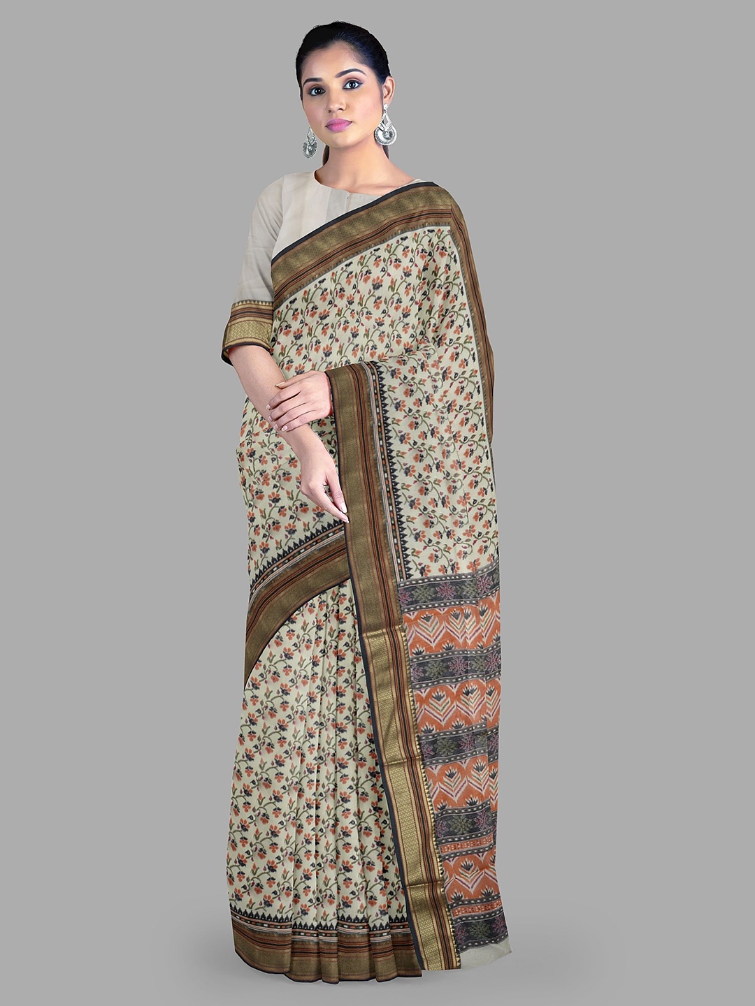 

The Chennai Silks Floral Zari Pure Cotton Chanderi Saree, Cream