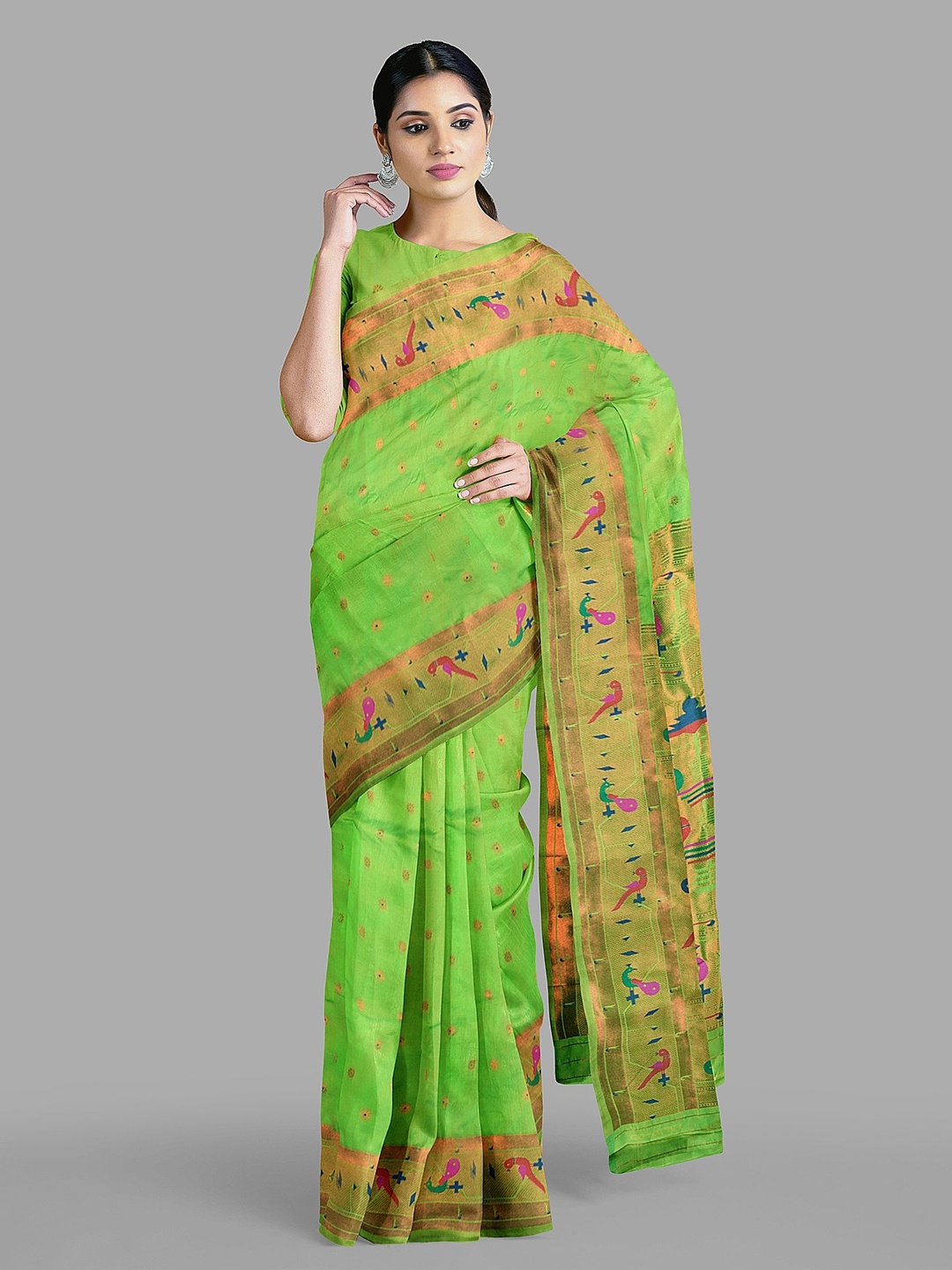 

The Chennai Silks Woven Design Zari Paithani Saree, Fluorescent green