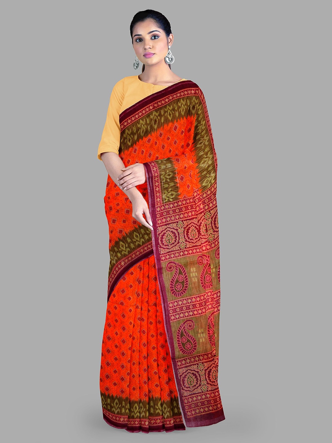 

The Chennai Silks Paisley Pure Cotton Muga Saree, Orange