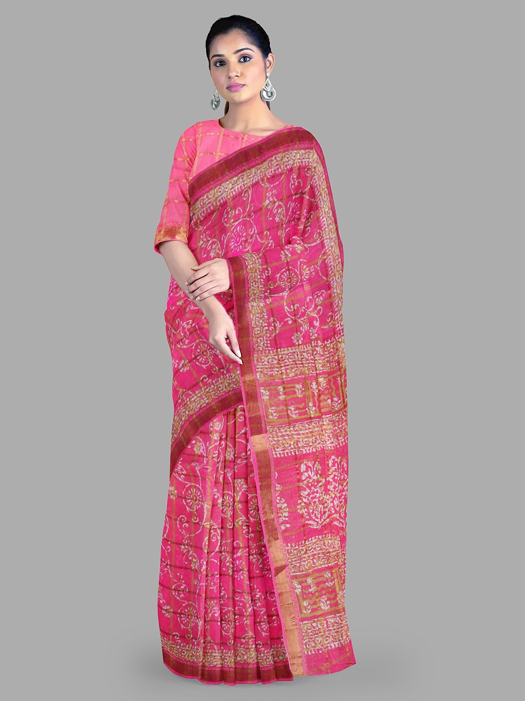 

The Chennai Silks Floral Zari Pure Cotton Muga Saree, Pink