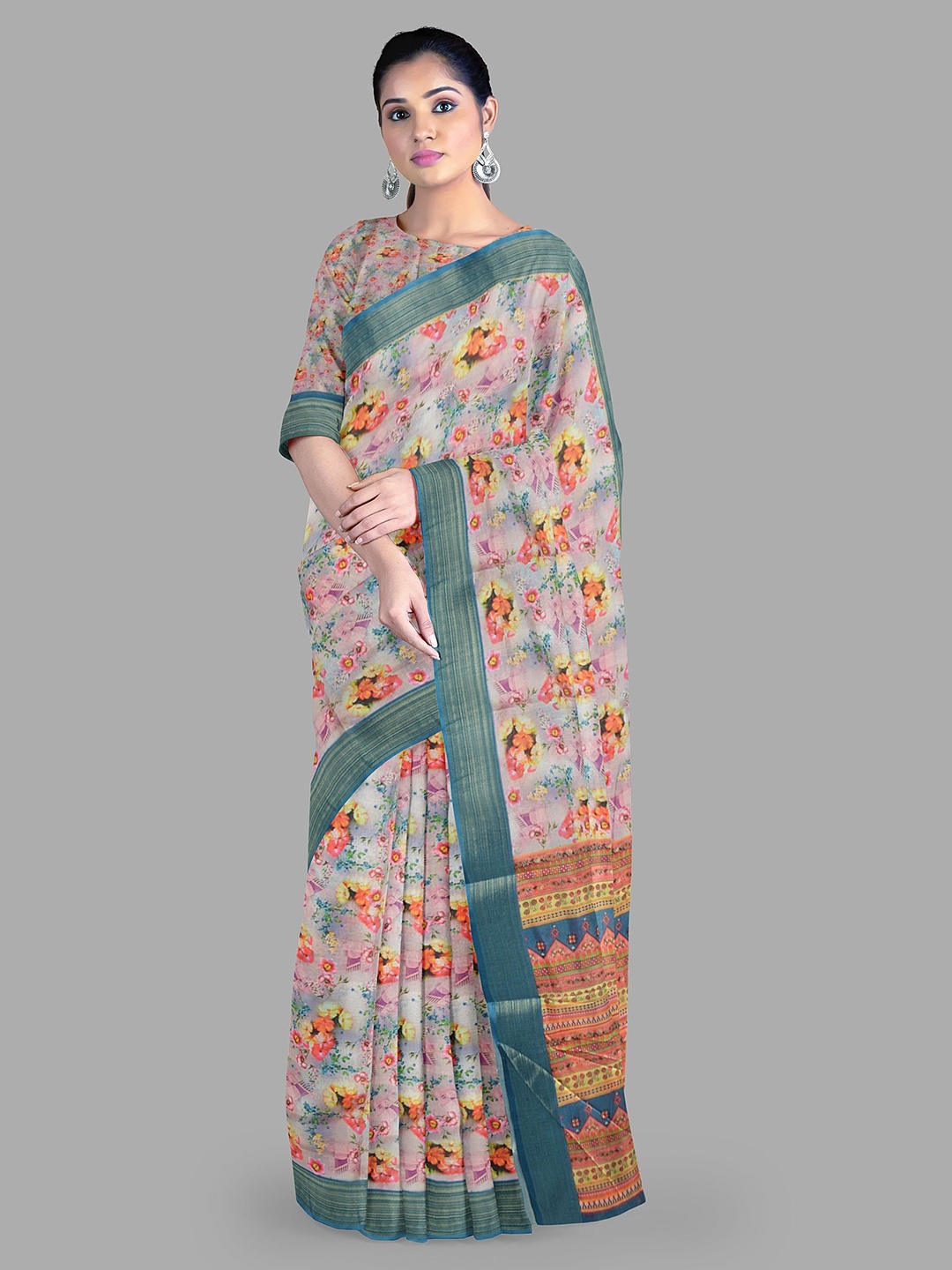 

The Chennai Silks Floral Zari Kota Saree With Blouse Piece, Pink