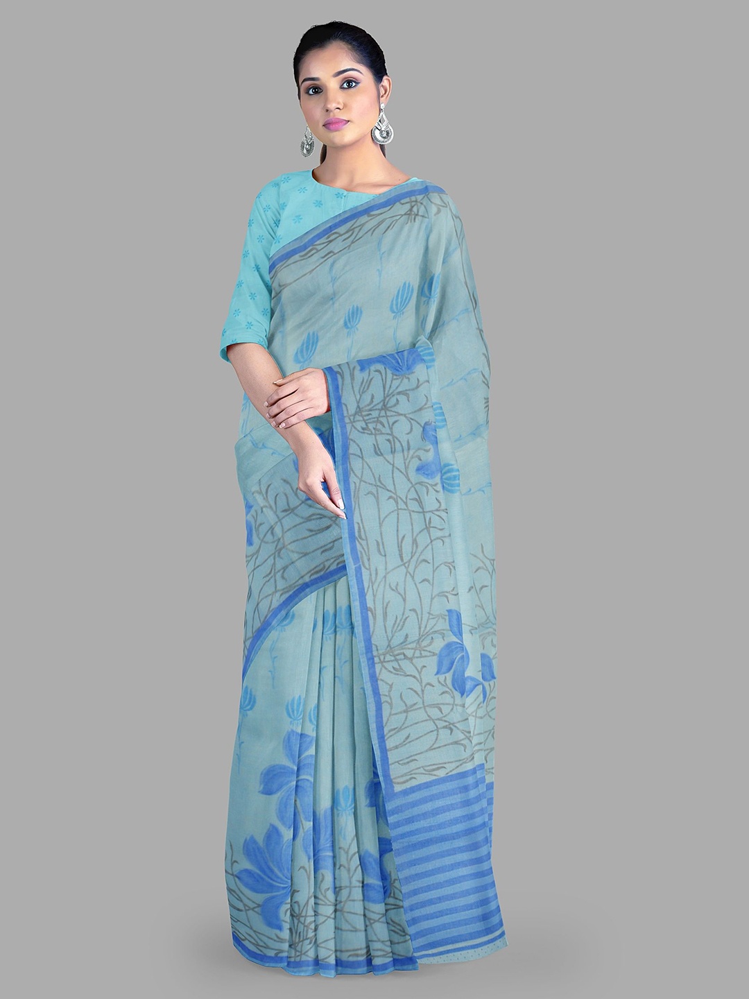 

The Chennai Silks Floral Pure Cotton Muga Saree, Blue