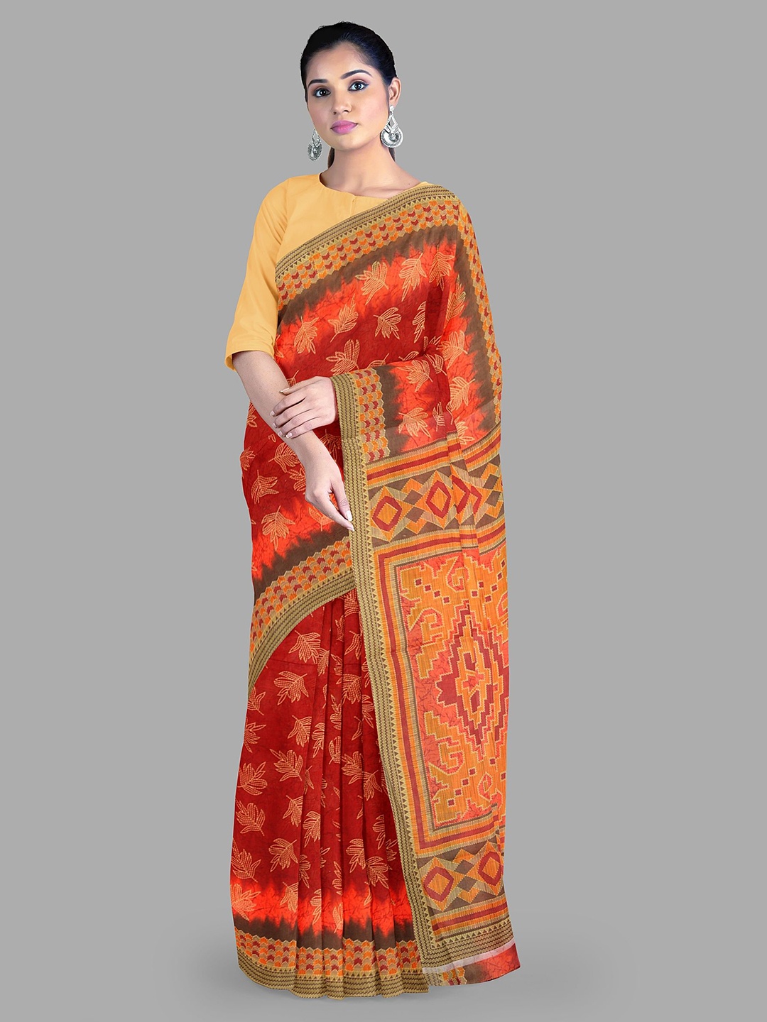 

The Chennai Silks Printed Pure Cotton Muga Saree, Red