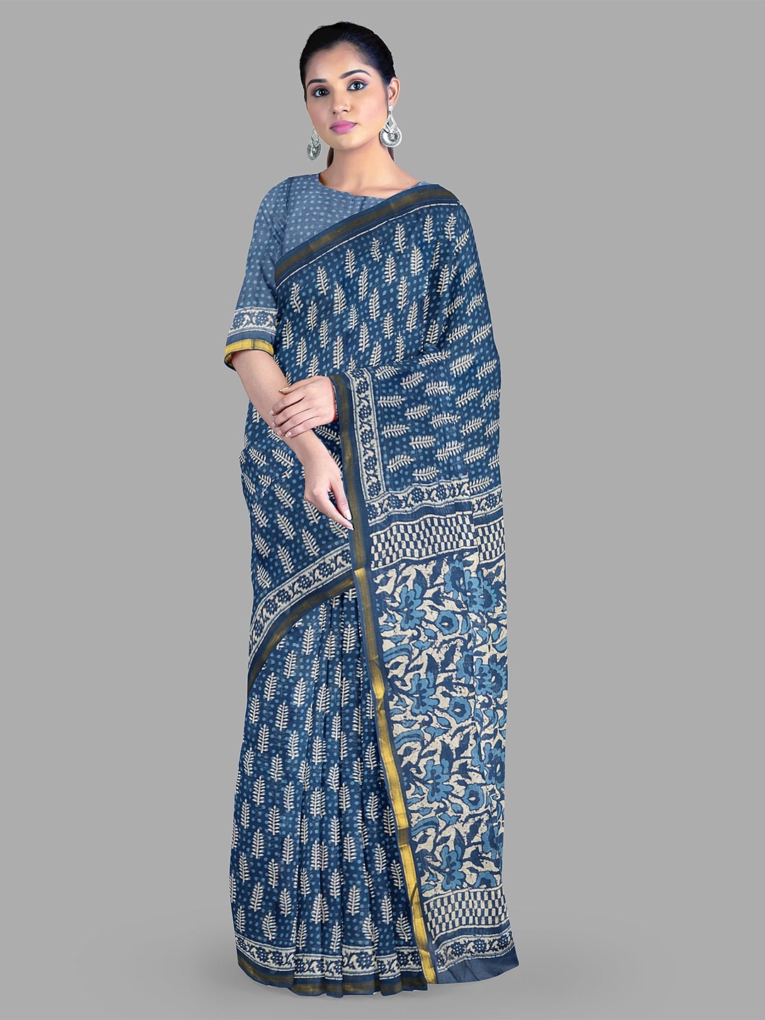 

The Chennai Silks Ethnic Motifs Zari Pure Cotton Muga Saree, Blue