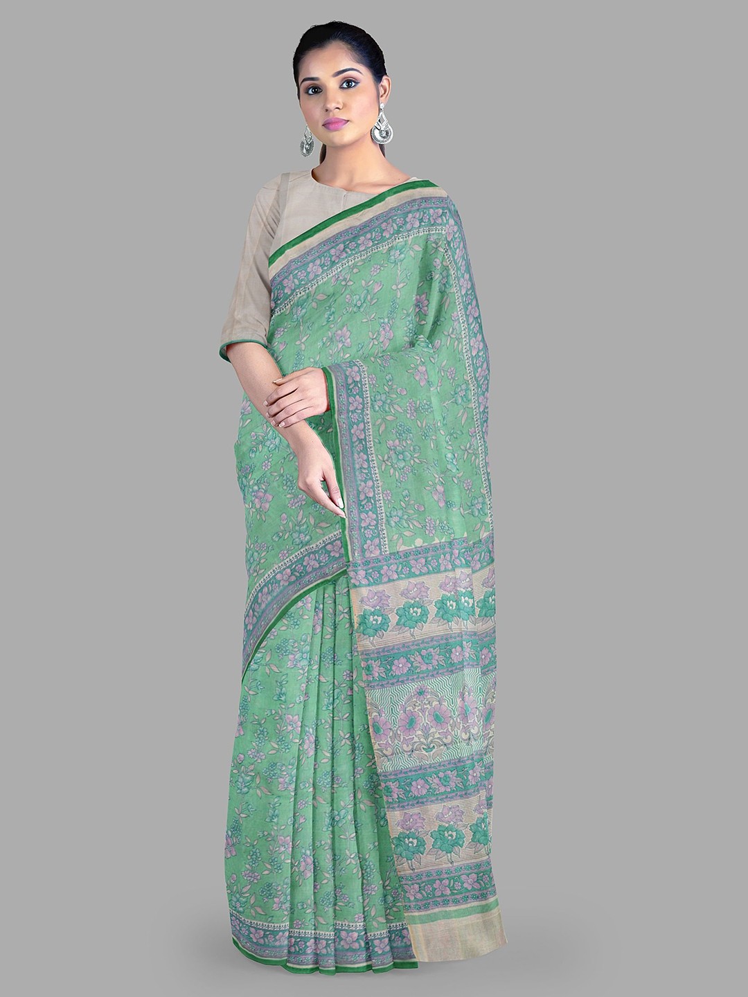 

The Chennai Silks Floral Banarasi Saree With Blouse Piece, Green